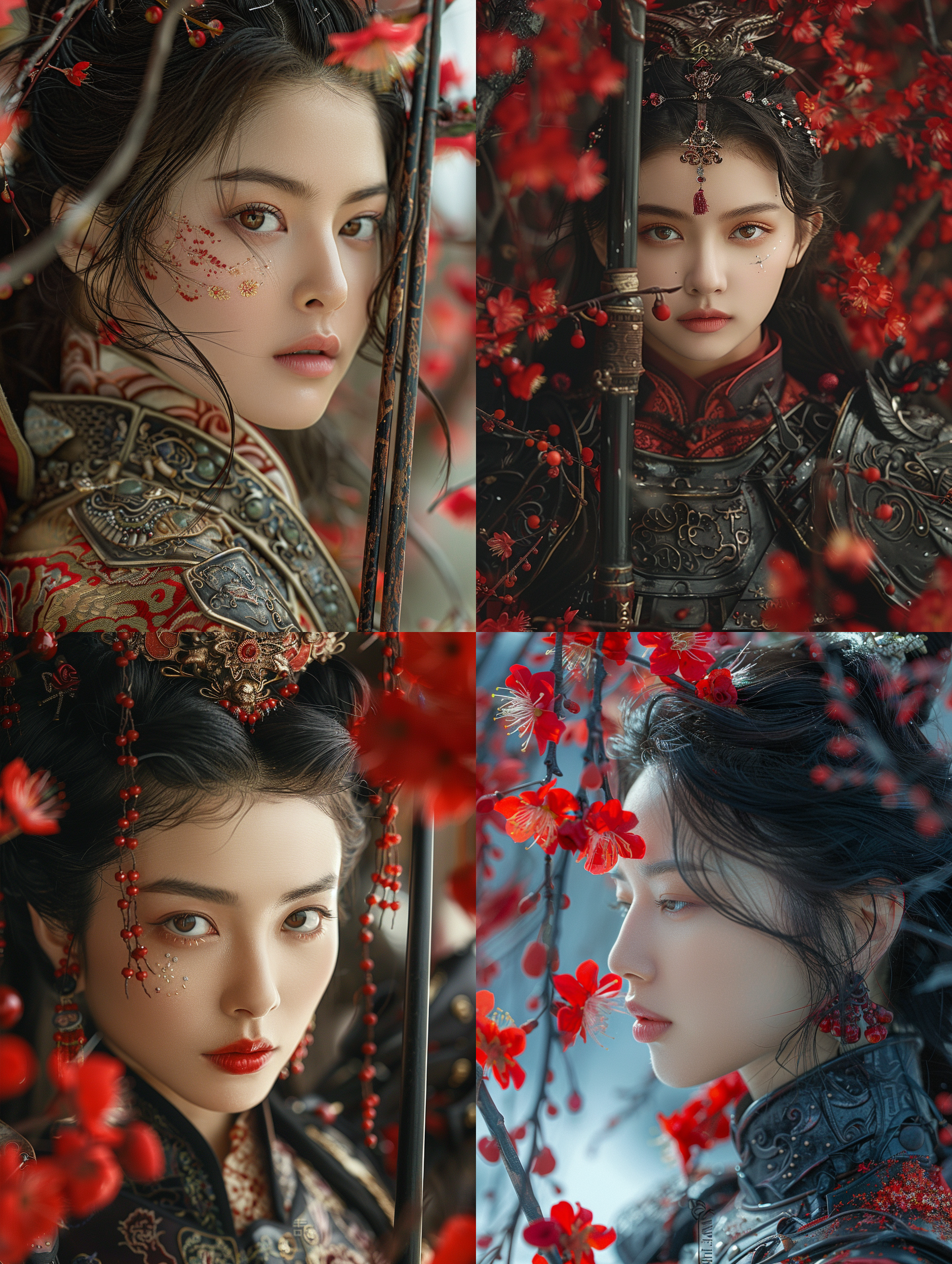 杰作，最佳质量，微光照片，这种风格是超细节和超现实的，强调皮肤的细腻光泽。时尚照片，中国古代女武士将军，少女的美丽被铠甲围绕，战斗姿势，半身像，红樱长枪，部队士兵，工程美容，杰作，最好的质量，超详细，简单的黑色背景，图像应该具有电影般的构图，以高清晰度和分辨率捕捉复杂的细节，模仿蒂姆·沃克用哈苏h6d-400c相机拍摄的照片。荒原世界，