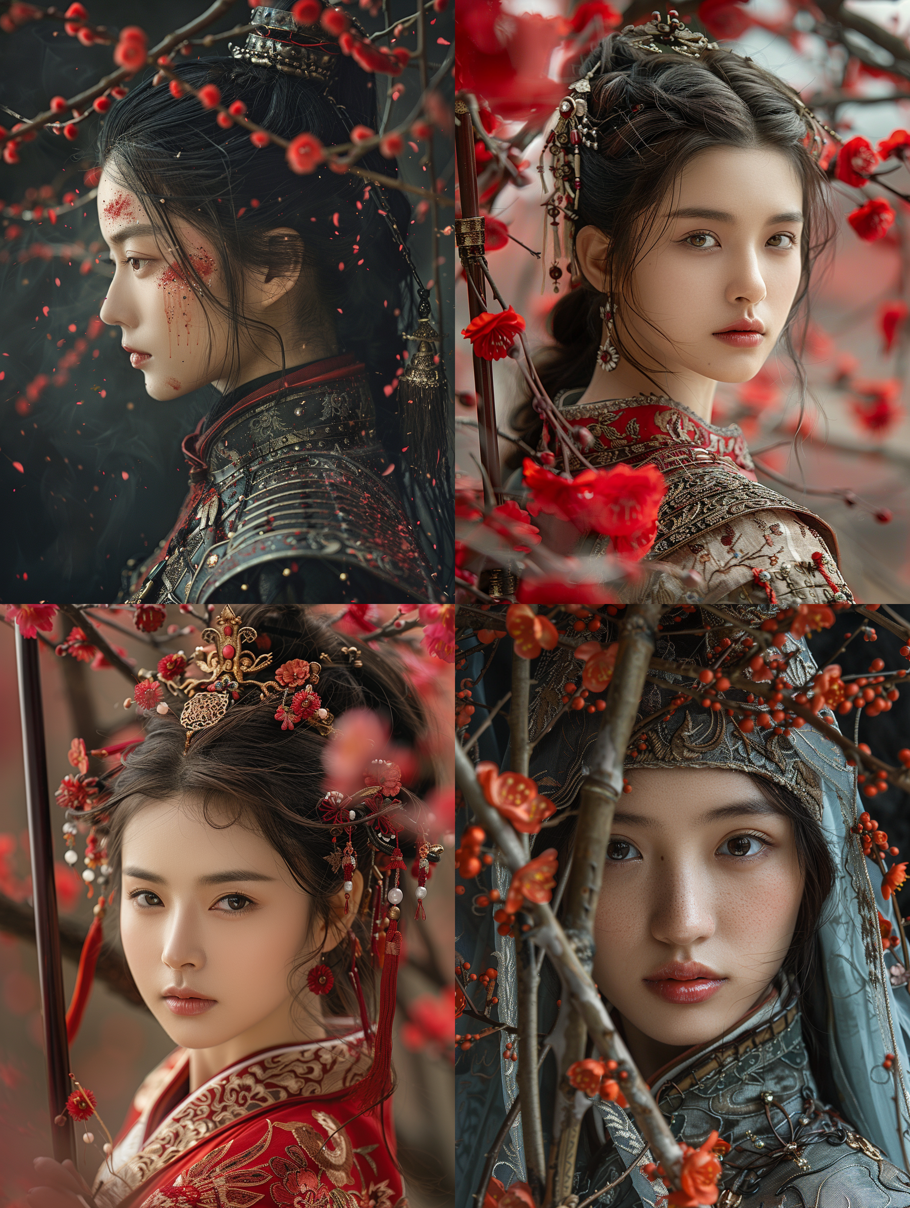 杰作，最佳质量，微光照片，这种风格是超细节和超现实的，强调皮肤的细腻光泽。时尚照片，中国古代女武士将军，少女的美丽被铠甲围绕，战斗姿势，半身像，红樱长枪，部队士兵，工程美容，杰作，最好的质量，超详细，简单的黑色背景，图像应该具有电影般的构图，以高清晰度和分辨率捕捉复杂的细节，模仿蒂姆·沃克用哈苏h6d-400c相机拍摄的照片。荒原世界，