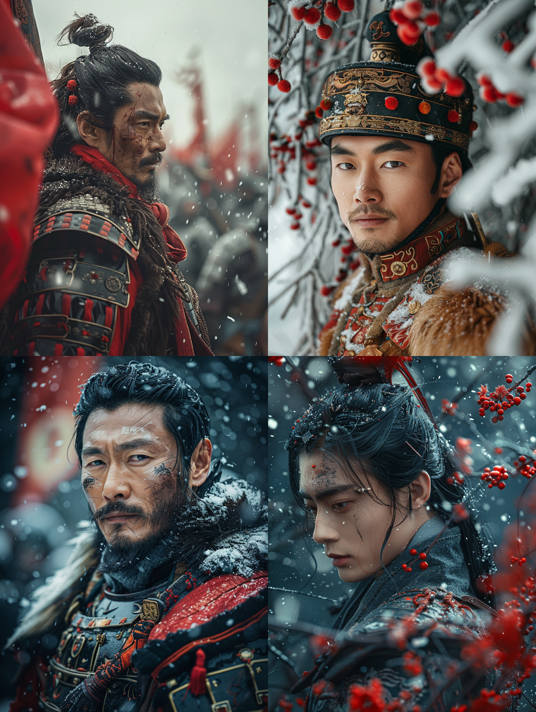 杰作，最佳质量，微光照片，这种风格是超细节和超现实的，强调皮肤的细腻光泽。时尚照片，中国古代将军，帅气的脸被铠甲围绕，侧面，半身像，红樱宝剑，战旗，大雪纷飞，部队士兵，工程美容，杰作，最好的质量，超详细，简单的黑色背景，图像应该具有电影般的构图，以高清晰度和分辨率捕捉复杂的细节，模仿蒂姆·沃克用哈苏h6d-400c相机拍摄的照片。荒原世界