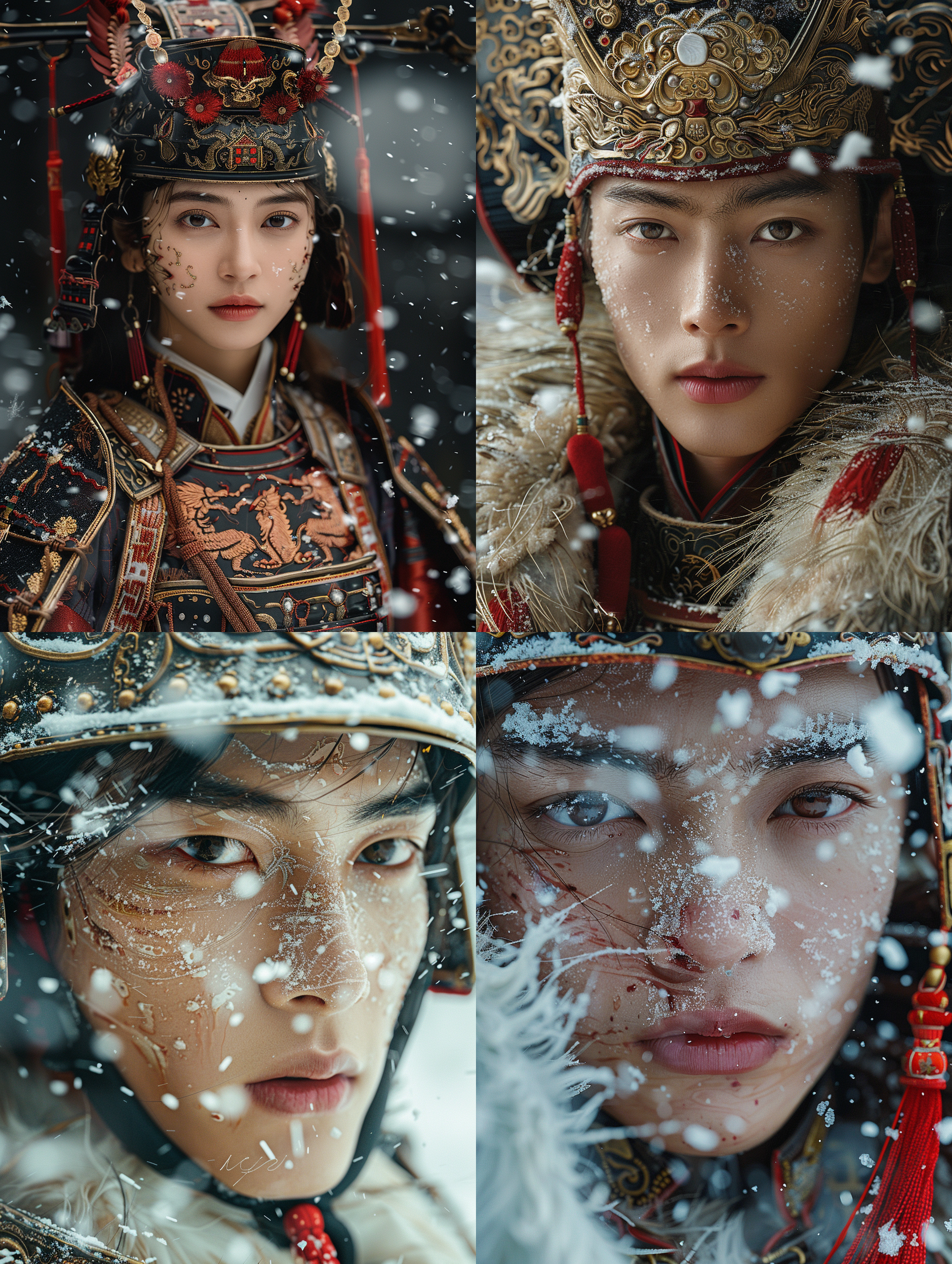 杰作，最佳质量，微光照片，这种风格是超细节和超现实的，强调皮肤的细腻光泽。时尚照片，中国古代将军，年轻帅气的脸被铠甲围绕，头上戴着中国唐代风格的头盔，半身像，红樱宝剑，战旗，大雪纷飞，部队士兵，工程美容，杰作，最好的质量，超详细，简单的黑色背景，图像应该具有电影般的构图，以高清晰度和分辨率捕捉复杂的细节，模仿蒂姆·沃克用哈苏h6d-400c相机拍摄的照片。荒原世界