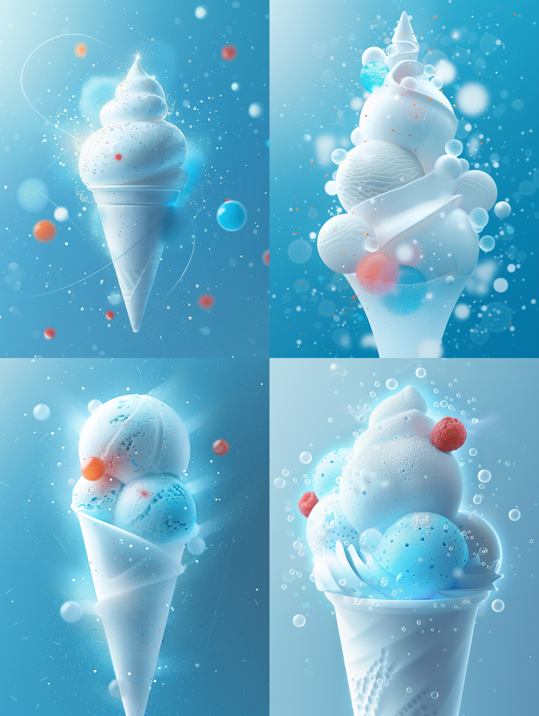 几何图形，简单的色彩，干净的背景，图形组合，抽像冰淇淋，冷色调，这种风格是超细节和超现实的，以高清晰度和分辨率捕捉复杂的细节，夏天，清凉