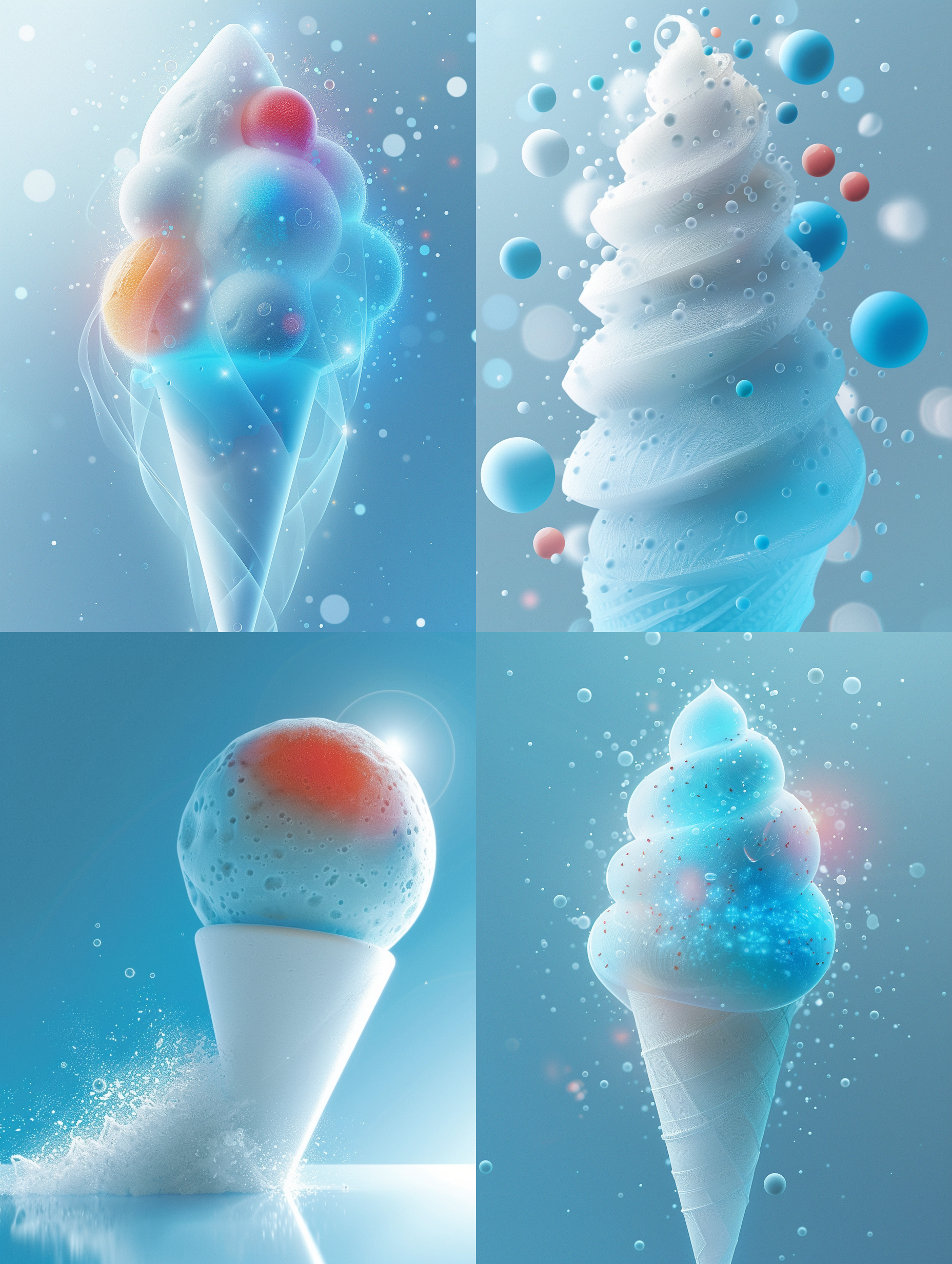 杰作，最佳质量，微光照片，几何图形，简单的色彩，干净的背景，图形组合，抽像冰淇淋，冷色调，这种风格是超细节和超现实的，以高清晰度和分辨率捕捉复杂的细节，夏天，清凉