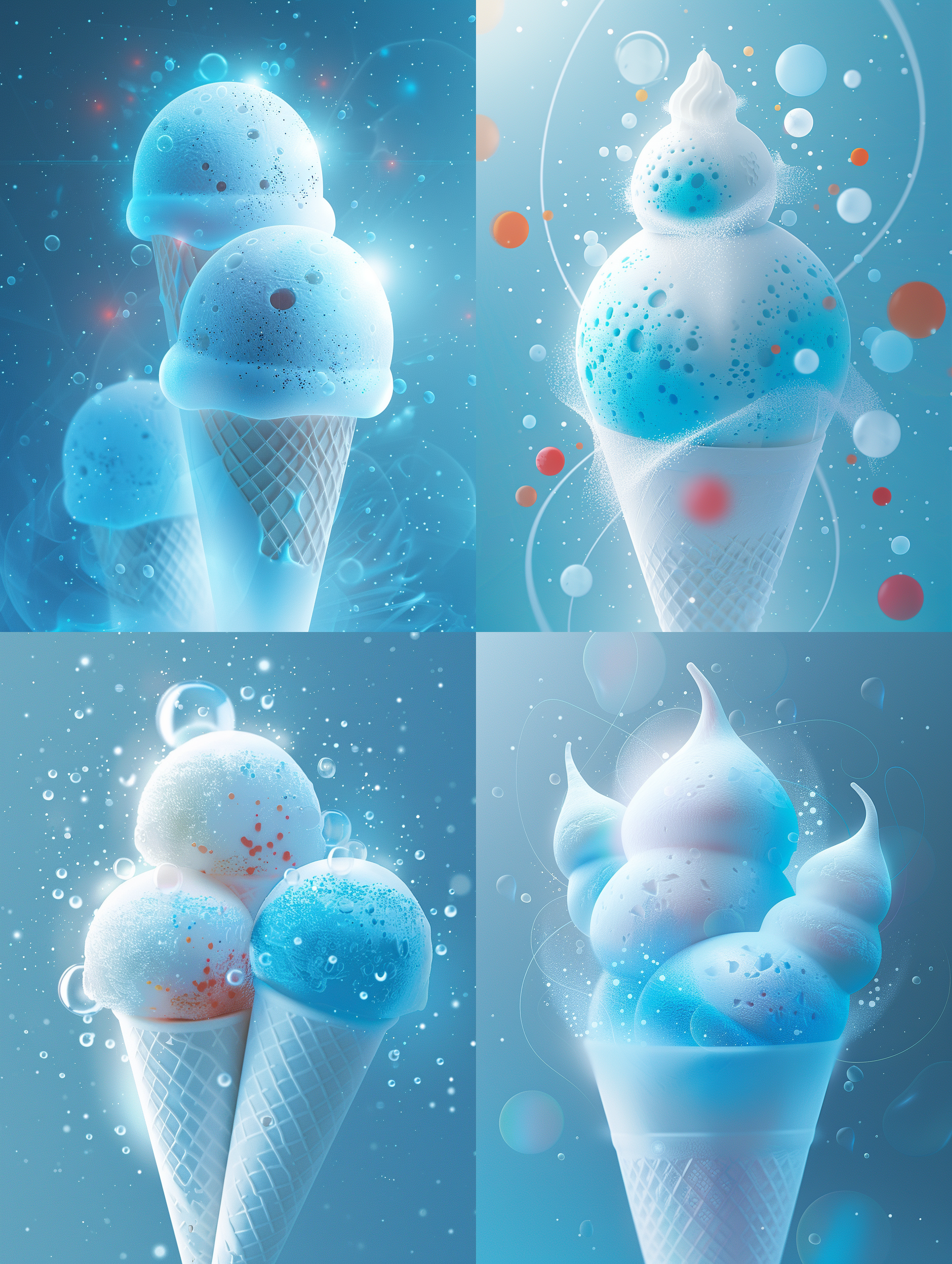 杰作，最佳质量，微光照片，几何图形，简单的色彩，干净的背景，图形组合，抽像的甜筒，冷色调，这种风格是超细节和超现实的，以高清晰度和分辨率捕捉复杂的细节，夏天，清凉