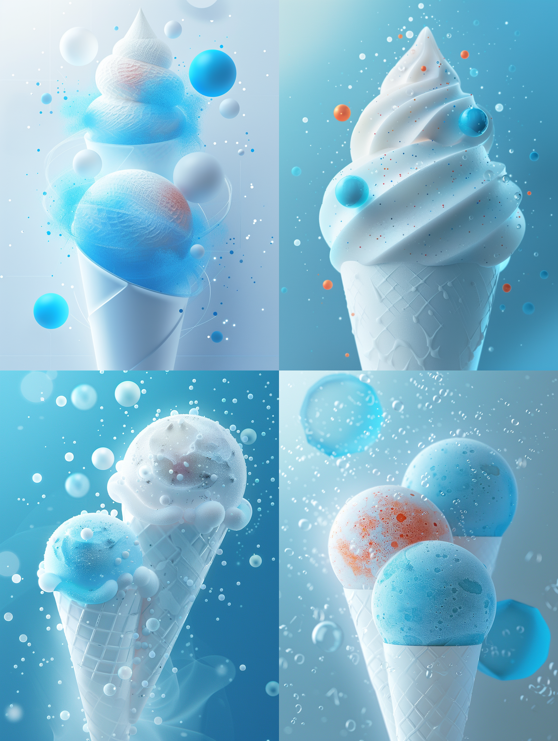 杰作，最佳质量，微光照片，几何图形，简单的色彩，干净的背景，图形组合，抽像的甜筒，冷色调，这种风格是超细节和超现实的，以高清晰度和分辨率捕捉复杂的细节，夏天，清凉