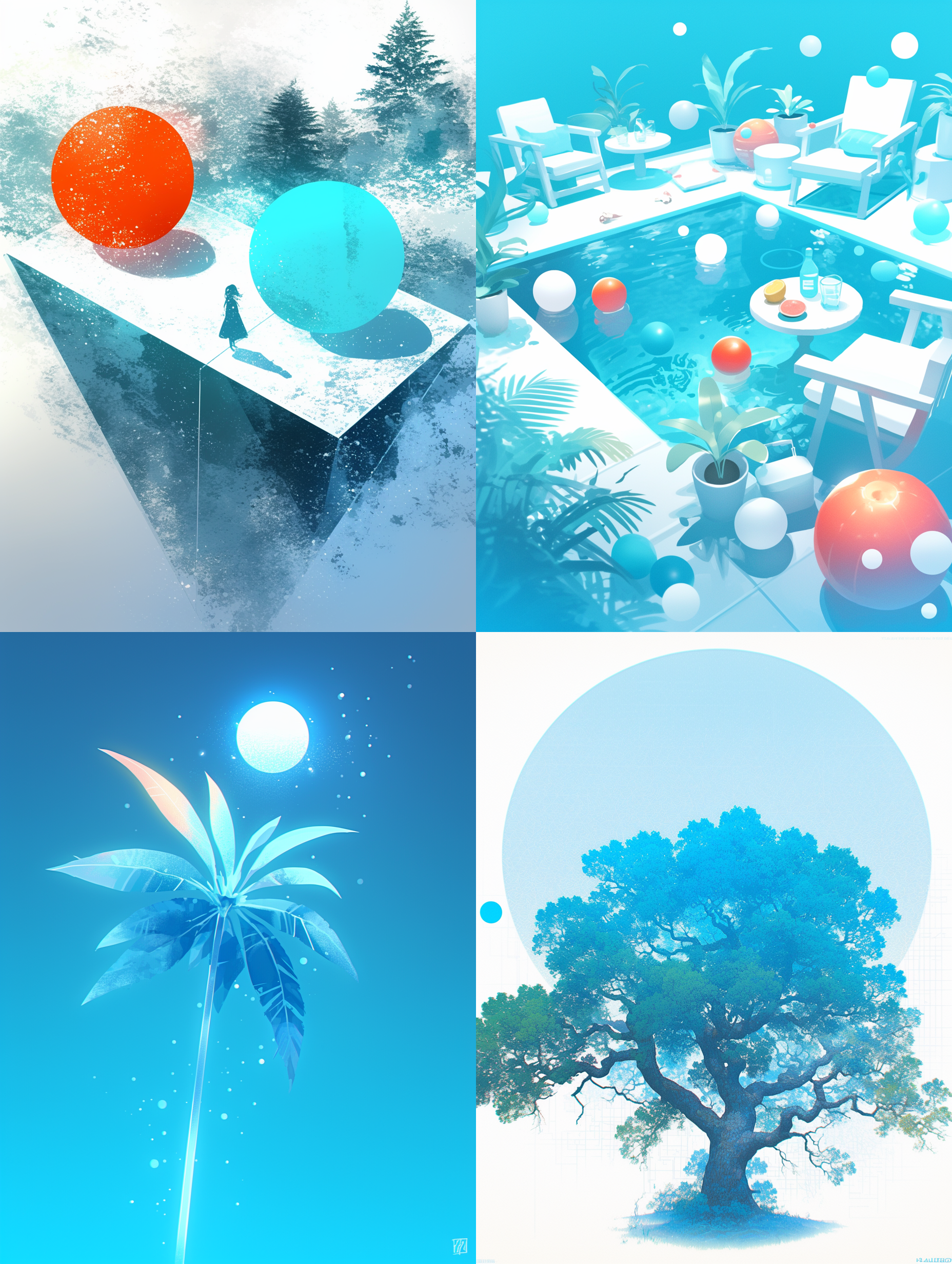 杰作，最佳质量，微光照片，几何图形，简单的色彩，干净的背景，图形组合，夏天，清凉，这种风格是超细节和超现实的，以高清晰度和分辨率捕捉复杂的细节，