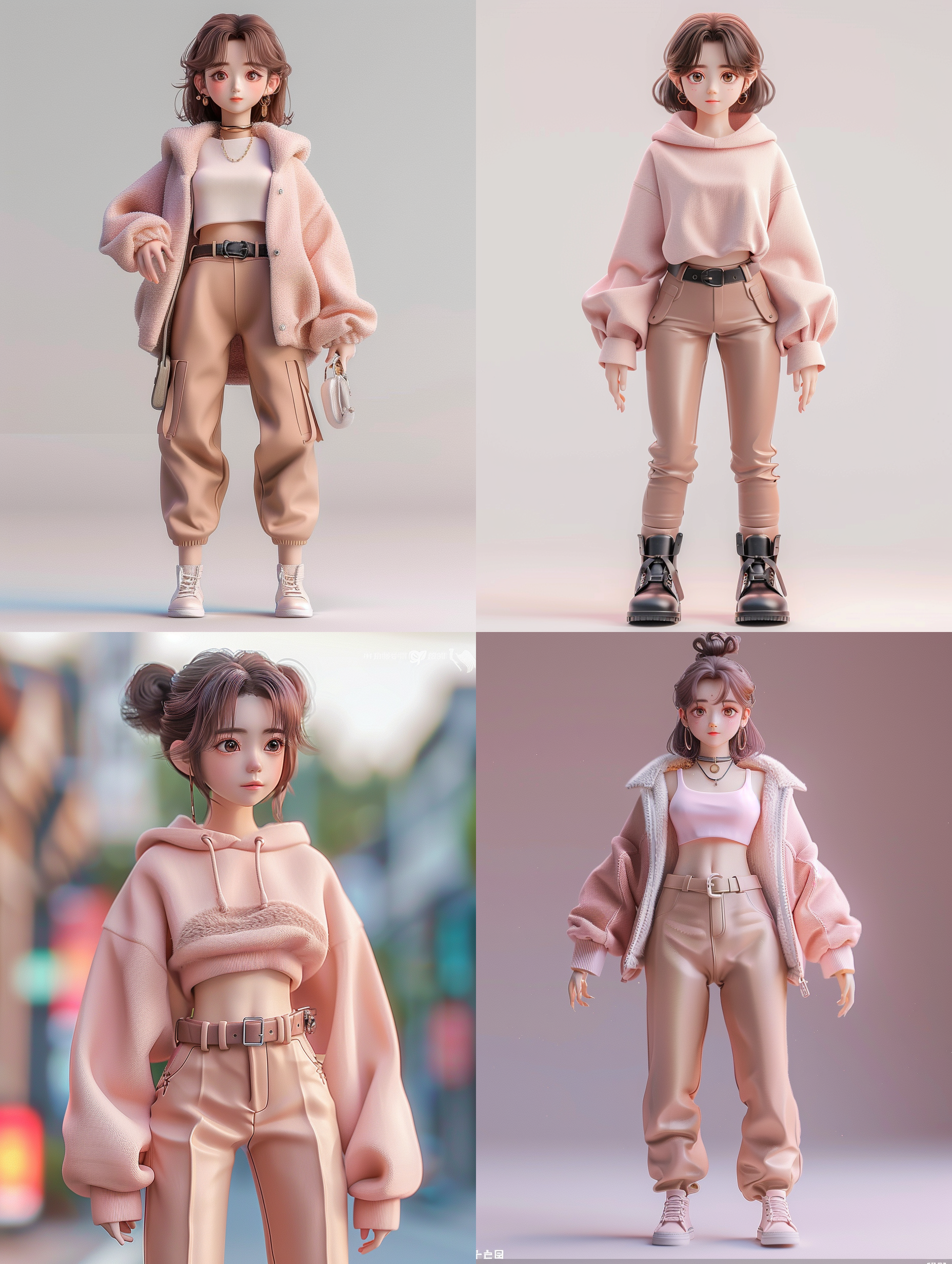 一个玩偶，一个3d渲染，灵感来自ross tran， 皮带皮裤，可爱的休闲街头装，套装，