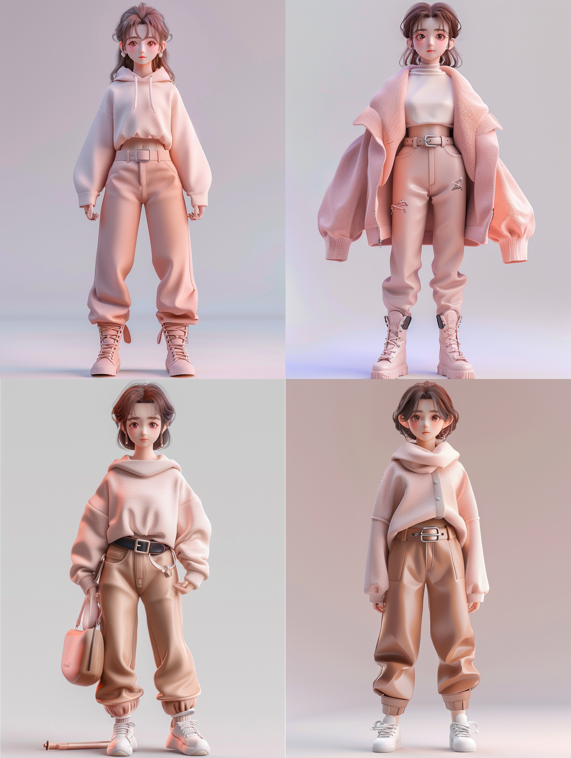 一个玩偶，一个3d渲染，灵感来自ross tran， 皮带皮裤，可爱的休闲街头装，套装，