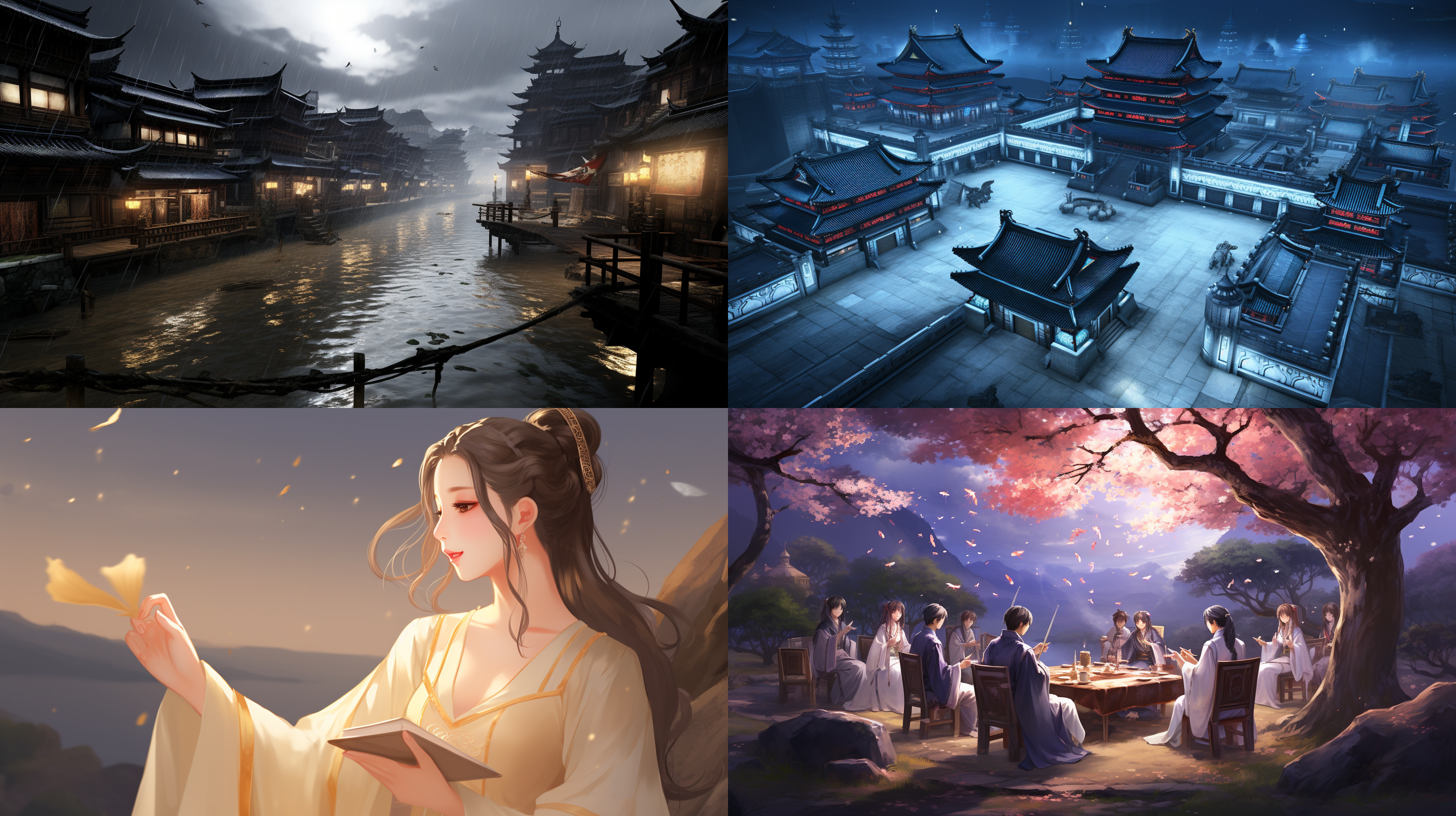 古代楼宇，夜晚 音乐会照明 汉服 开心 氛围感照明 仰视视角