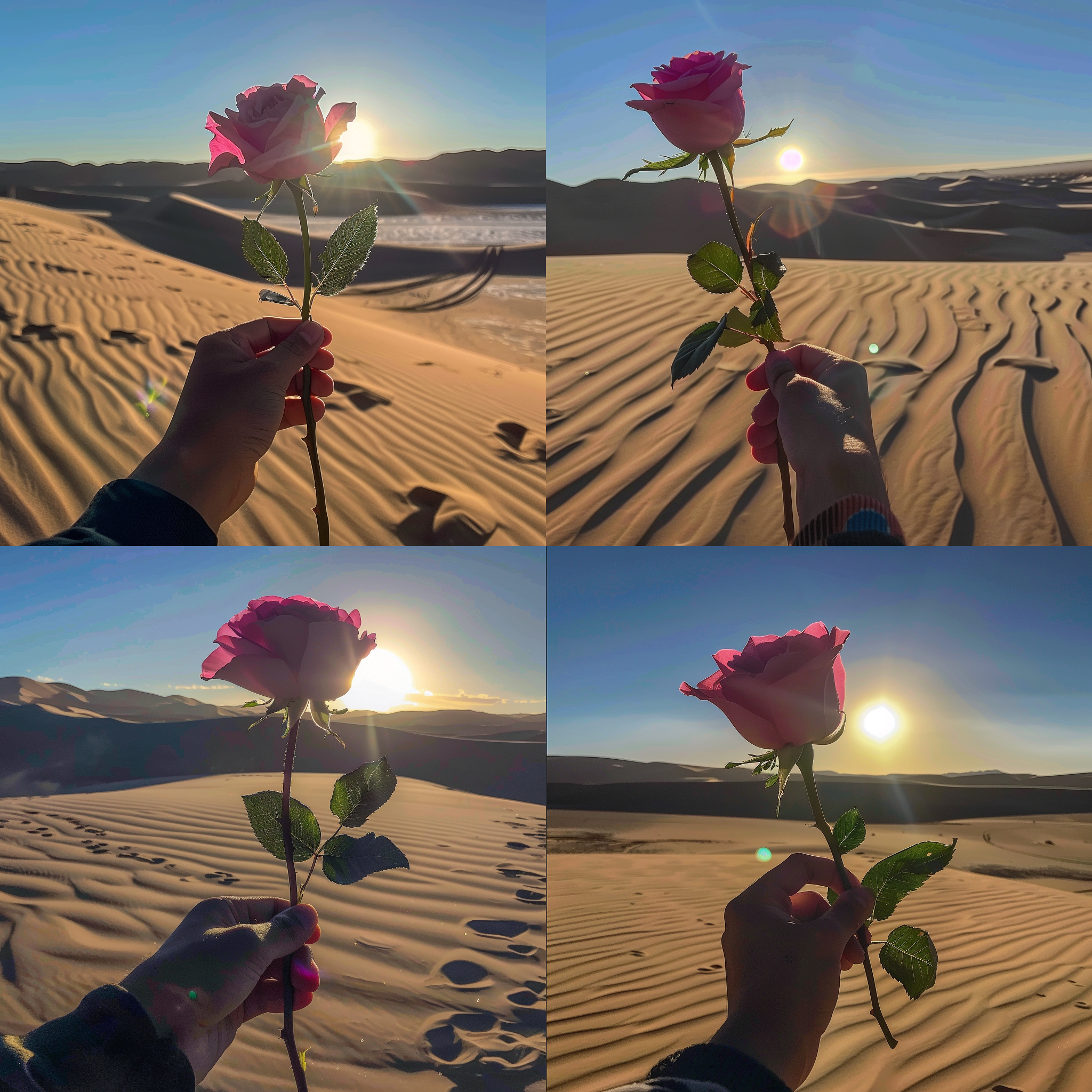 在沙漠，手上拿着粉色玫瑰，对着太阳，水平线构图，海天一色，逆光拍摄，橙红色调，长焦镜头，柔和光线，平静海面，远眺，宁静。
