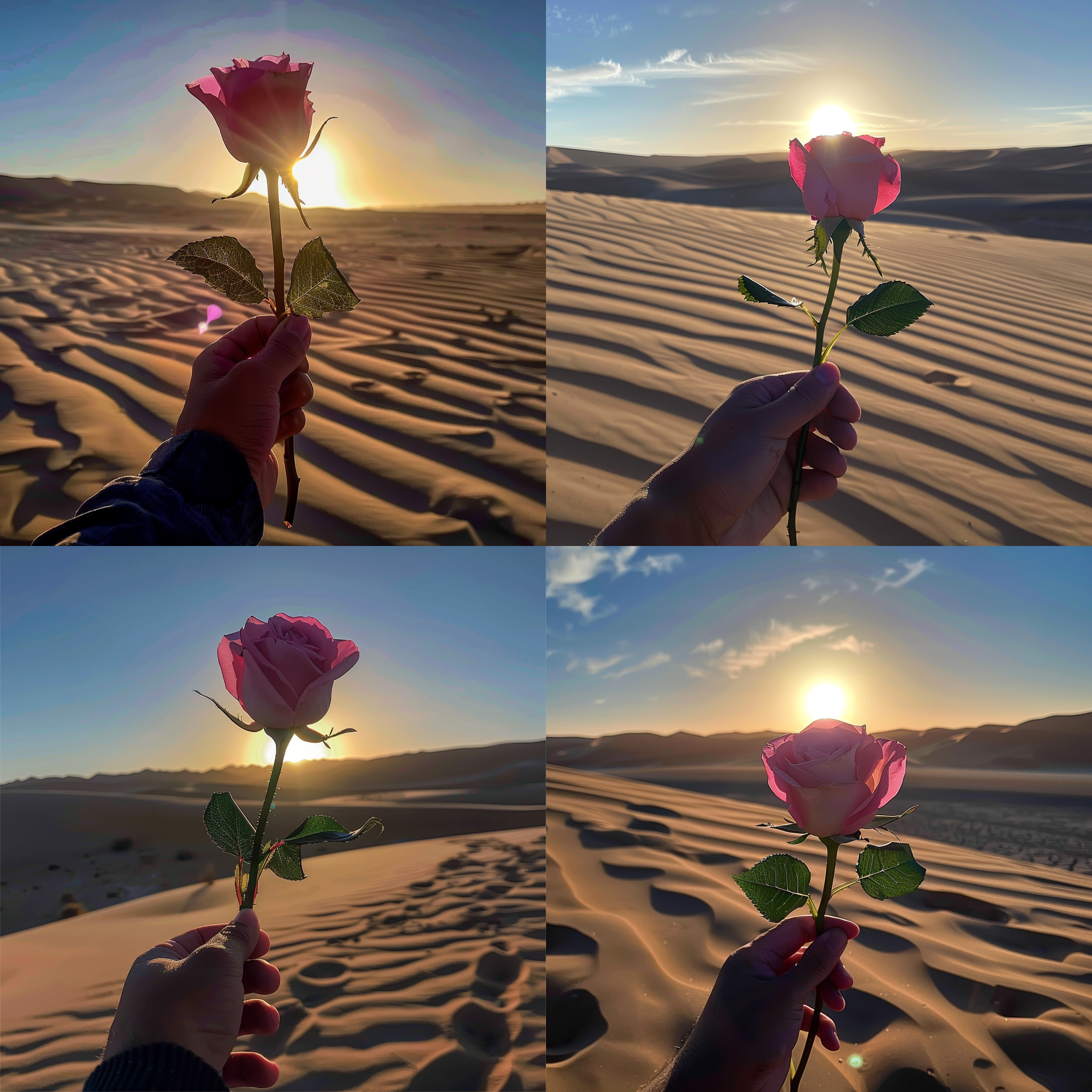 沙漠手持粉色玫瑰，水平线构图，海天一色，逆光拍摄，橙红色调，长焦镜头，柔和光线，平静海面，远眺，宁静。