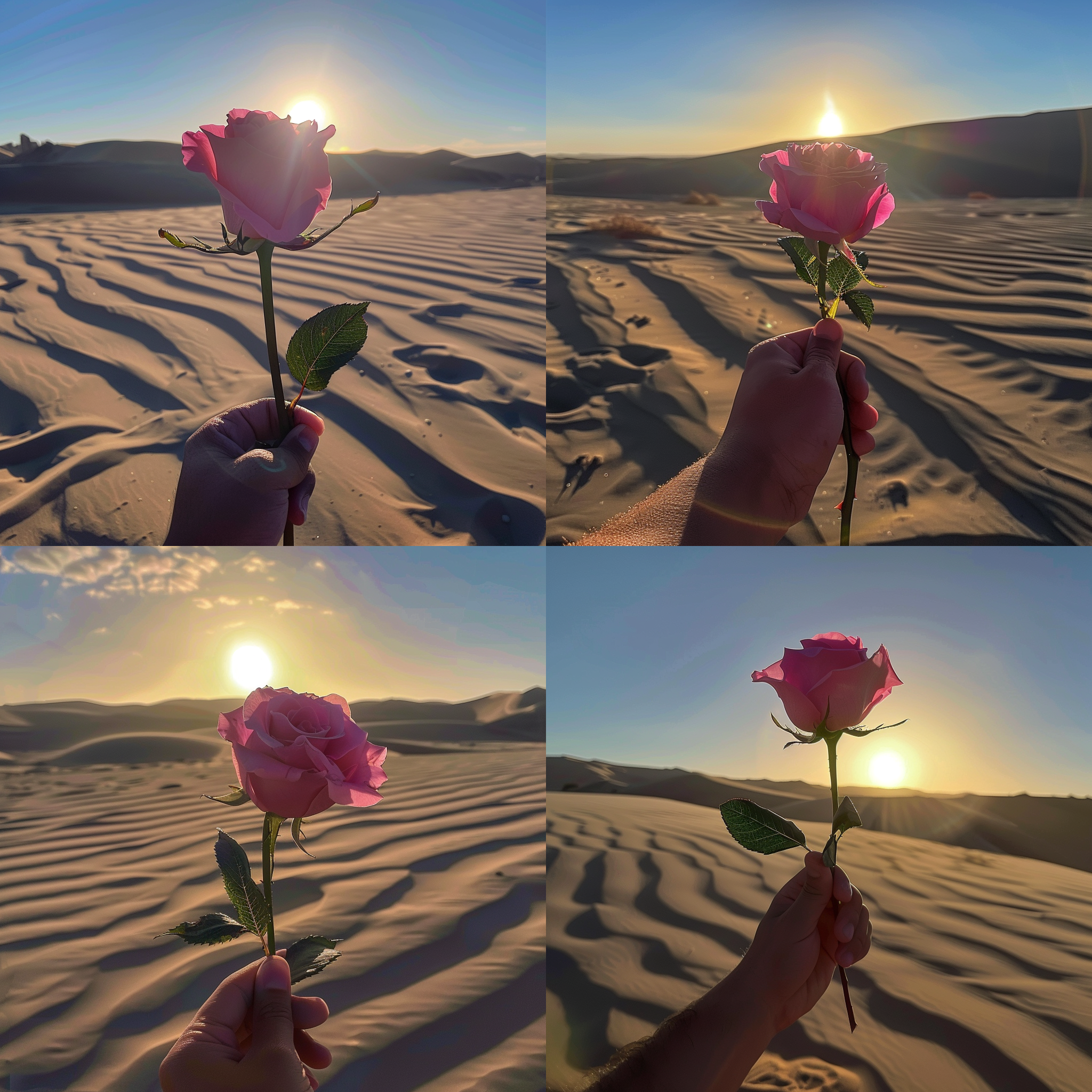 沙漠手持粉色玫瑰，水平线构图，海天一色，逆光拍摄，橙红色调，长焦镜头，柔和光线，平静海面，远眺，宁静。