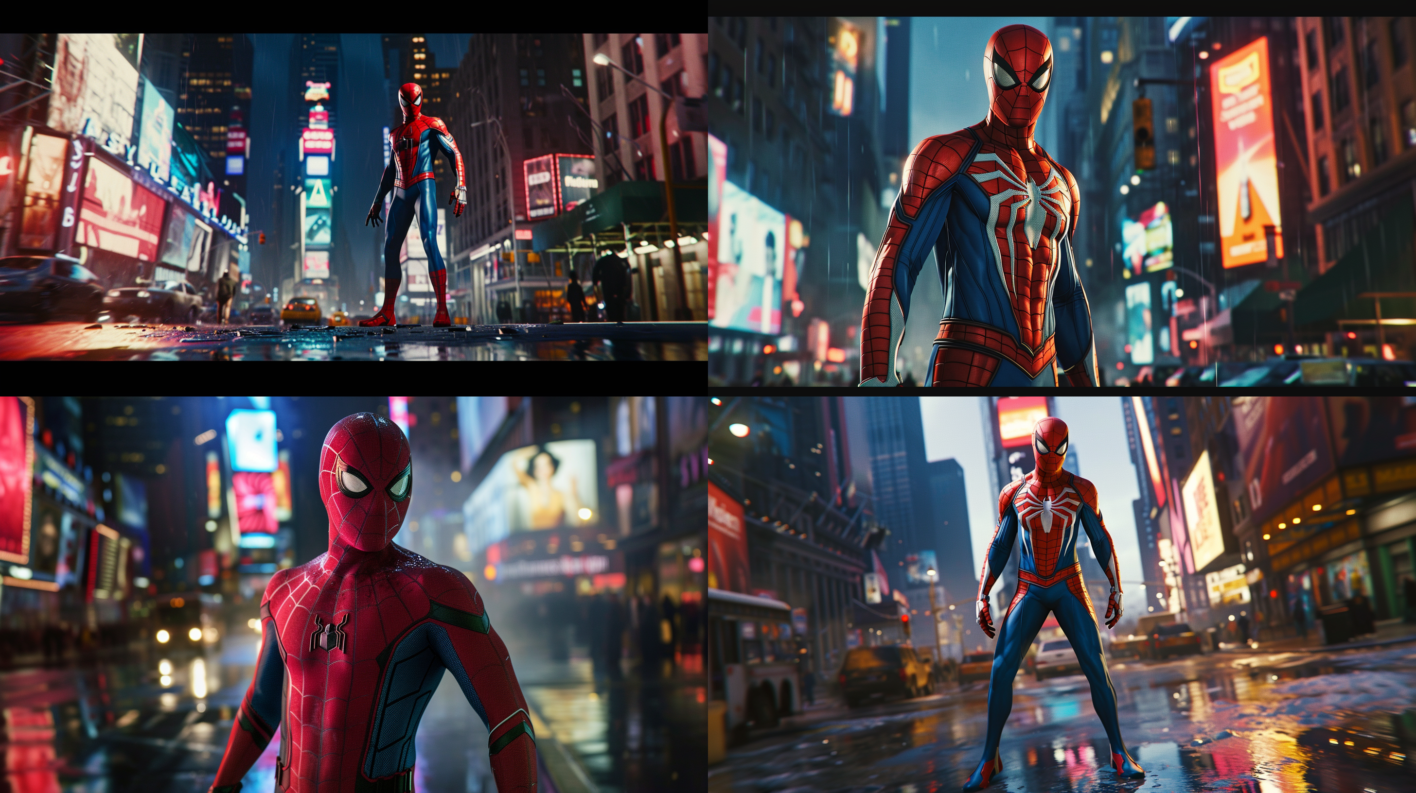 蜘蛛侠站在纽约大街上，背景是高耸的摩天大楼和繁忙的城市街道。构图对称，色彩明亮，使用广角镜头拍摄。光线柔和，呈现出都市的霓虹灯光。蜘蛛侠身着红蓝色紧身服，英姿勃发地站立着，表情坚定而自信。