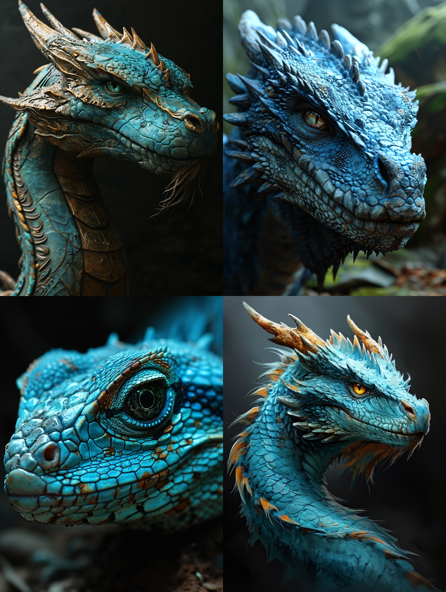 藏身暗处：纯黑背景中有一条蓝色的东方龙，龙身带有花纹，数字图像处理风格，灰白色和翠绿色，uhd 画质，作者为 caras ionut，灰白色和翠绿色，引人注目 chaos 11 ar 3:4 中国龙