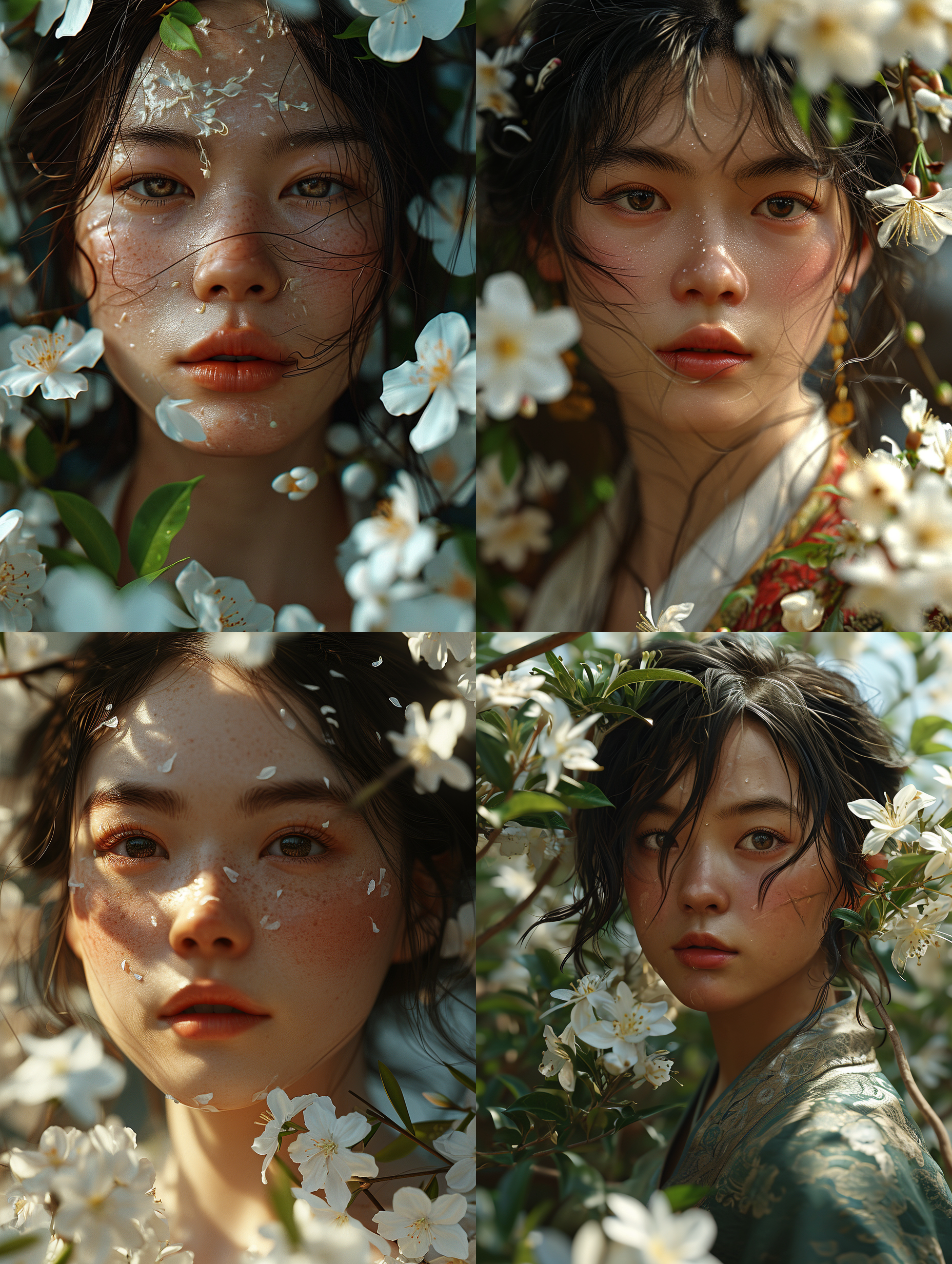 一位中国成年女性，被茉莉花绕着，花瓣纷飞，干净背景，底部透光，超级高分辨率，8k, 特写人脸，非常细致的眼睛和脸，细节照明，真实风格 