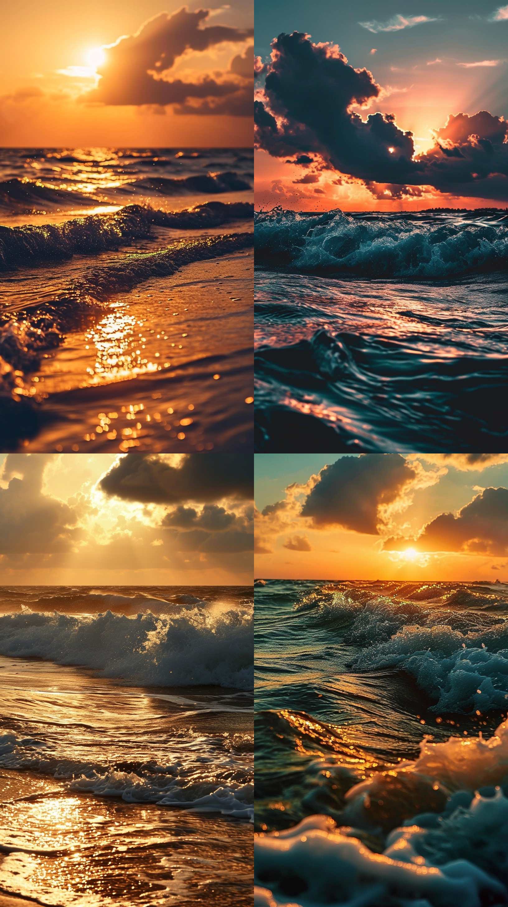 落日，海边，黄金色调，云彩漂浮，逆光拍摄，镜头透视，波涛汹涌，渐变色调，宁静，浪漫，壮丽。