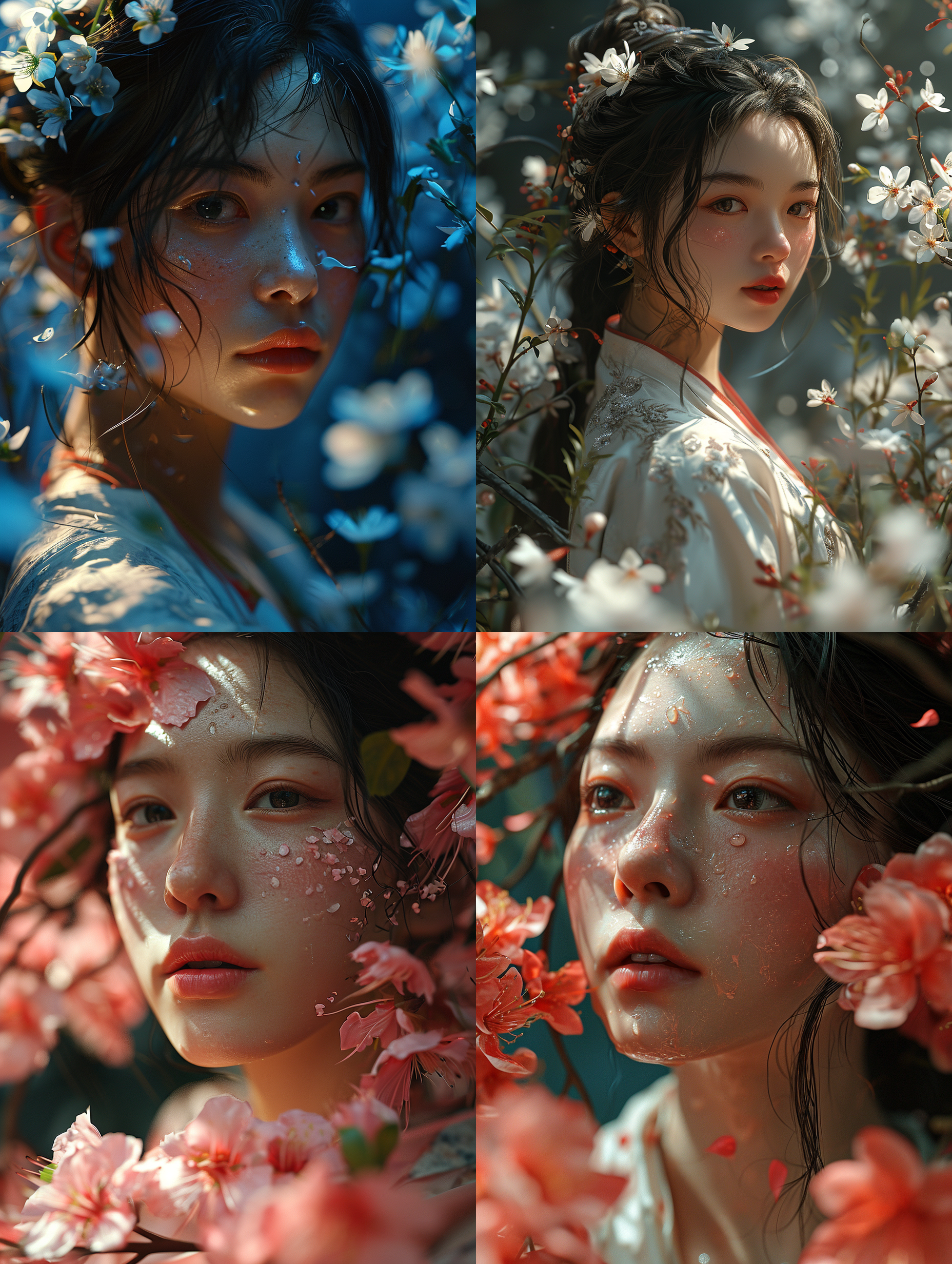 一位中国成年女性，被桔梗花绕着，花瓣纷飞，干净背景，底部透光，超级高分辨率，8k, 特写人脸，非常细致的眼睛和脸，细节照明，真实风格 