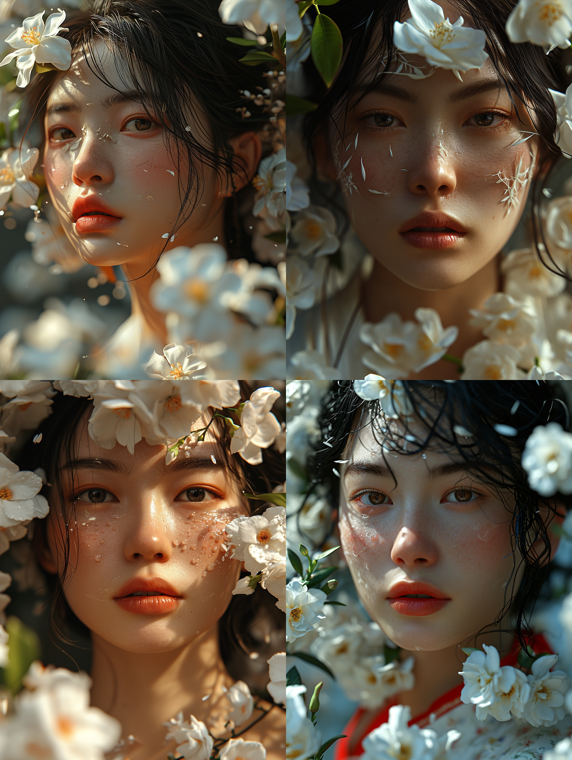 一位中国成年女性，被栀子花绕着，花瓣纷飞，干净背景，底部透光，超级高分辨率，8k, 特写人脸，非常细致的眼睛和脸，细节照明，真实风格 