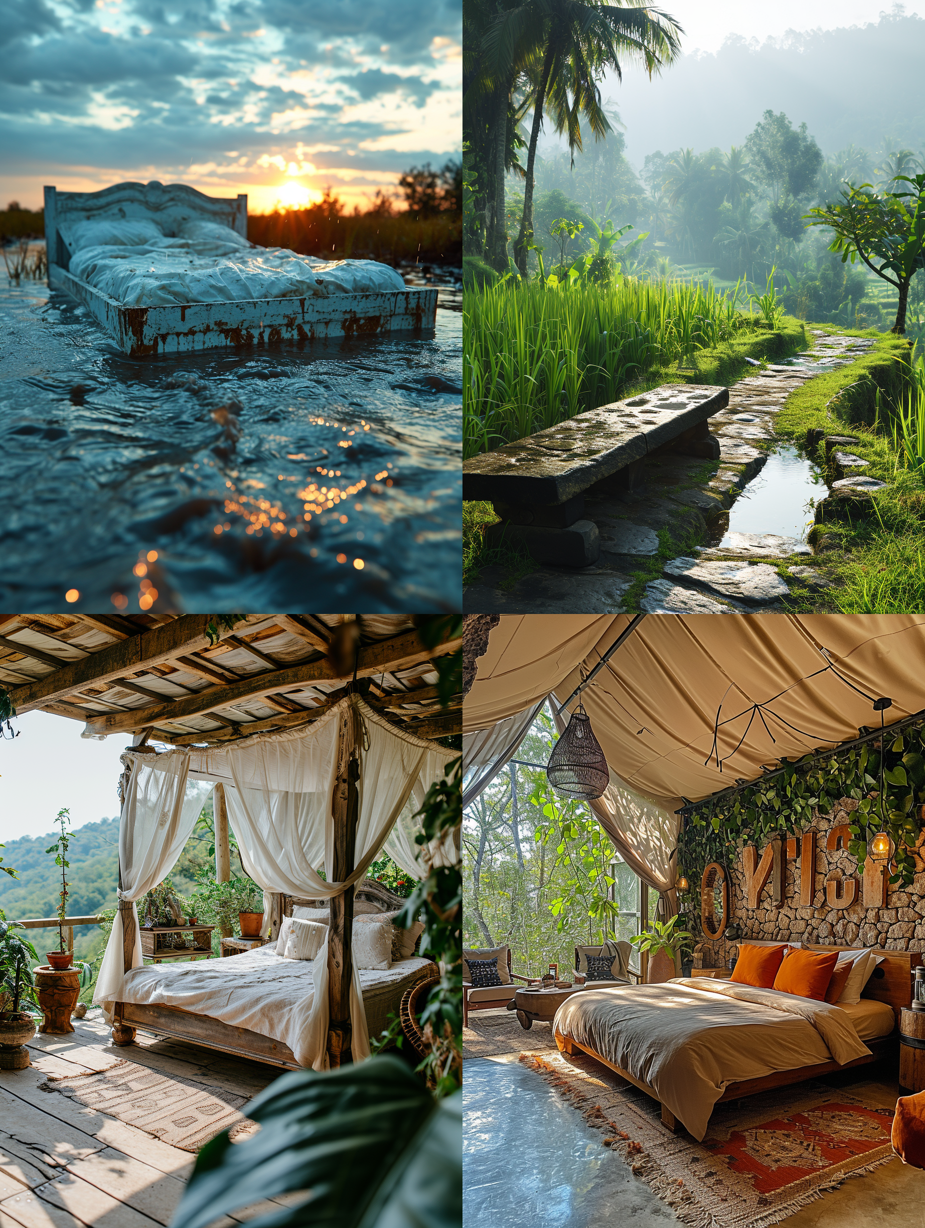 水稻田放一张床，天上下着雨，床很舒适