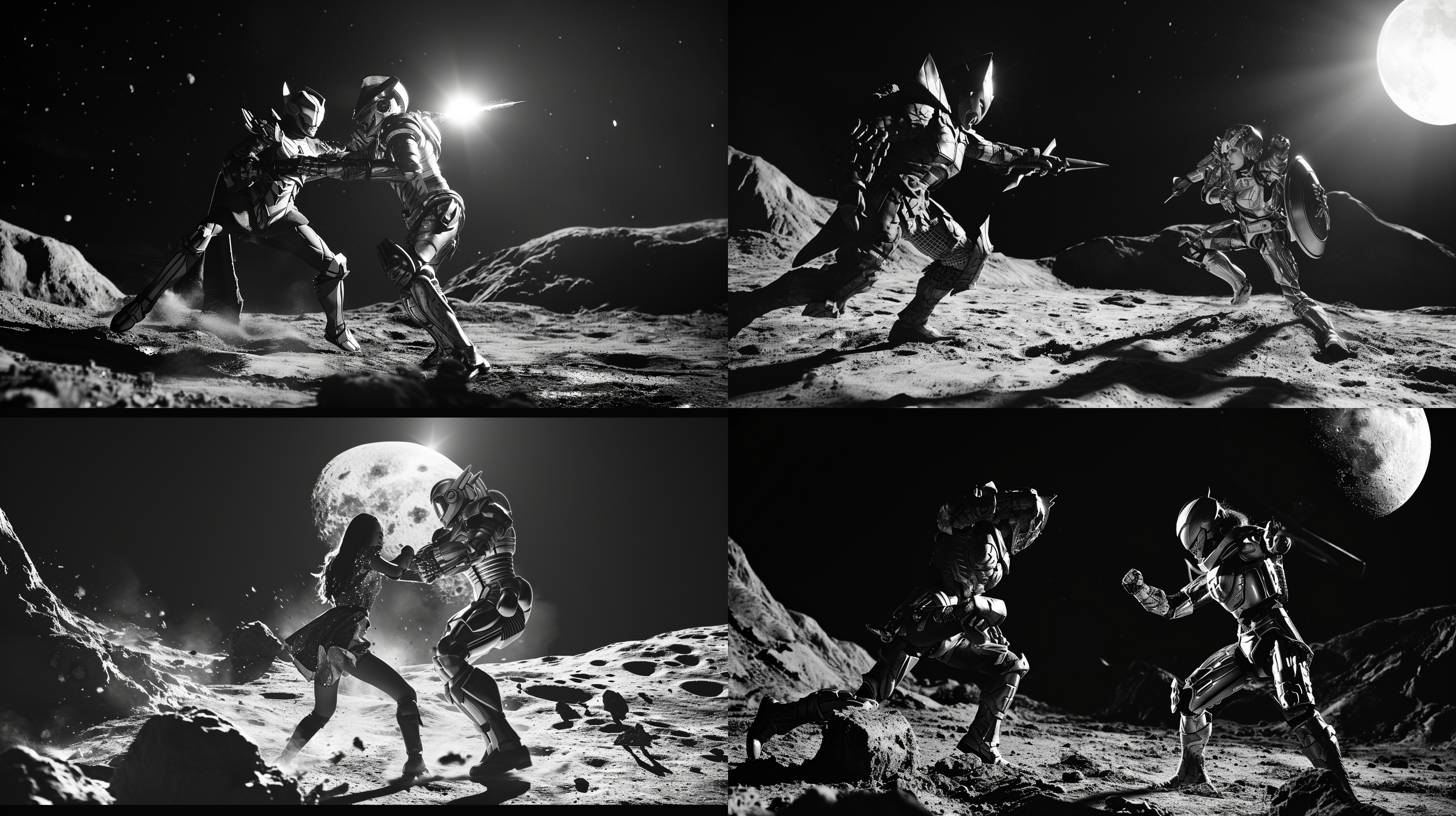 美少女战士与奥特曼在月球上决战，背景为月球表面。照片呈现高对比度的黑白风格，使用长焦镜头拍摄，突出两者的英勇形象。光线来自月球的反射，营造出神秘而紧张的氛围。两位战士在空中展开激烈的动作，彼此交错，传达出战斗的激情与决心。