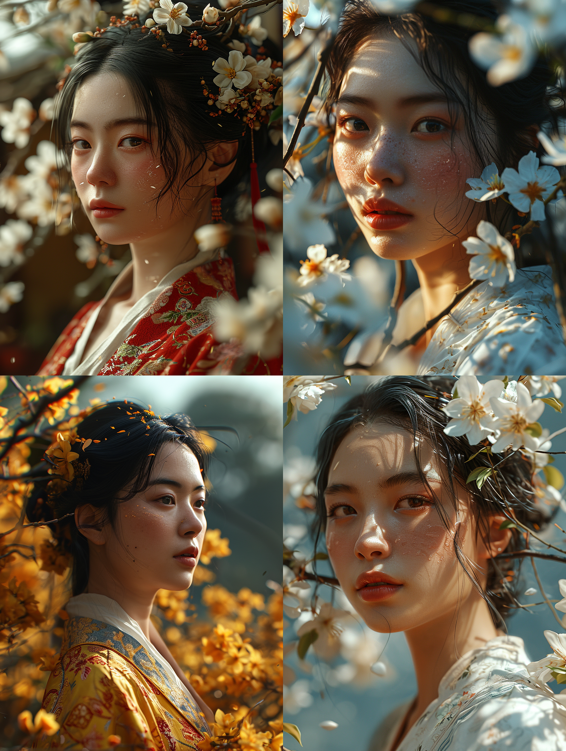 一位中国成年女性，被桂花绕着，花瓣纷飞，干净背景，底部透光，超级高分辨率，8k, 特写人脸，非常细致的眼睛和脸，细节照明，真实风格 