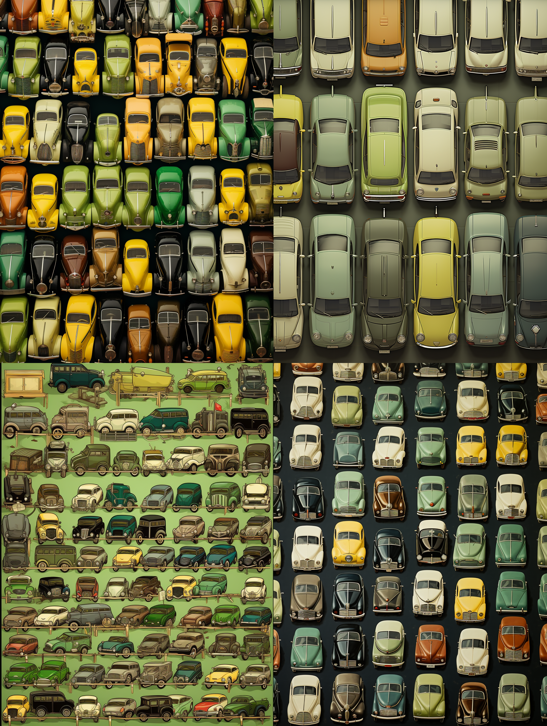 很多不同大小的古老的汽车，随机排列在一个画面上，左右排5个，上下排8个。随机错开摆放。整个画面古香古色，淡淡的黄绿色为主