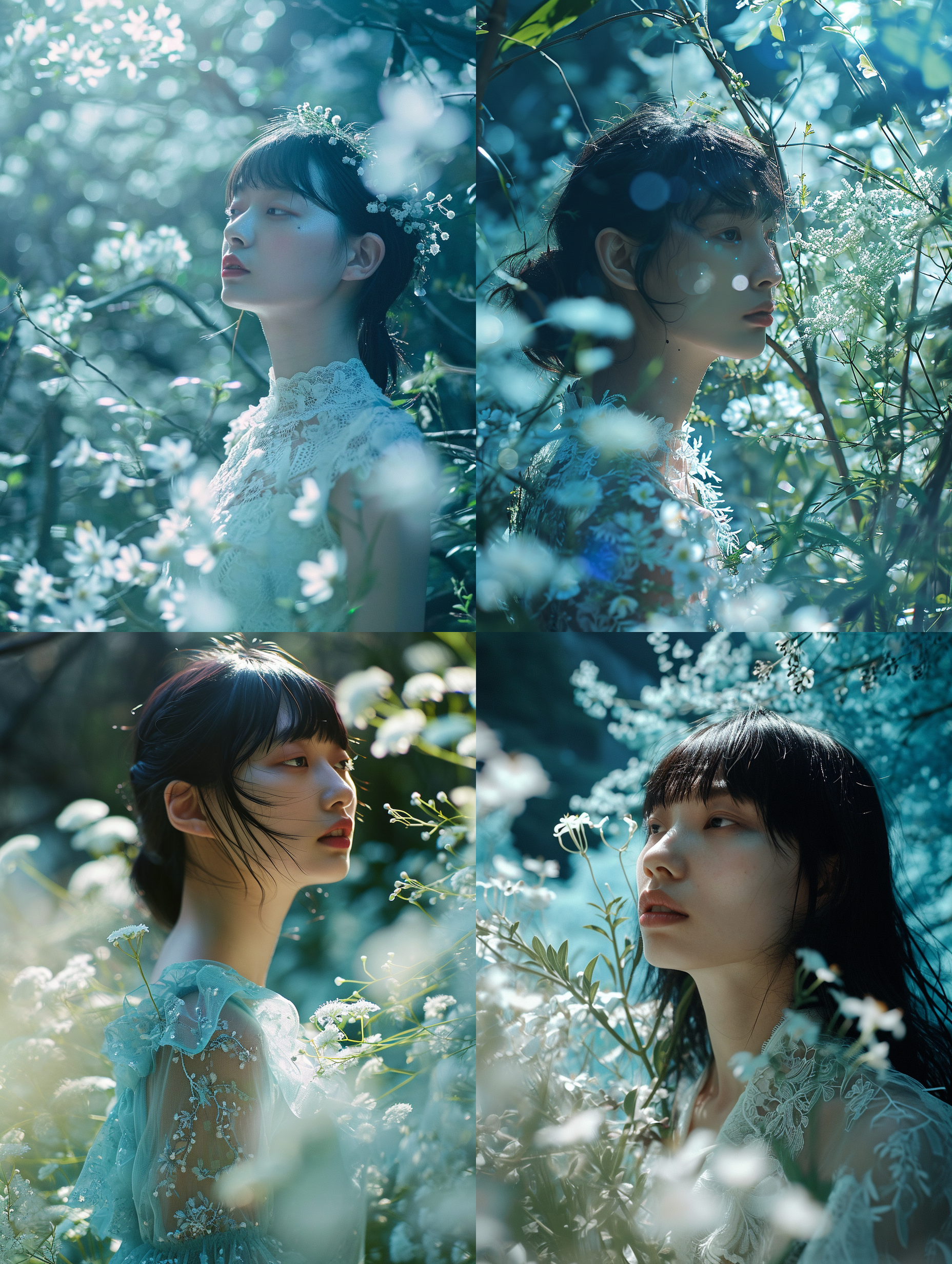 a woman,photography by rinko kawauchi,model nana komatsu in lightblue fantasy rainforest,with white flowers,backlight,golden hour,video screen capture