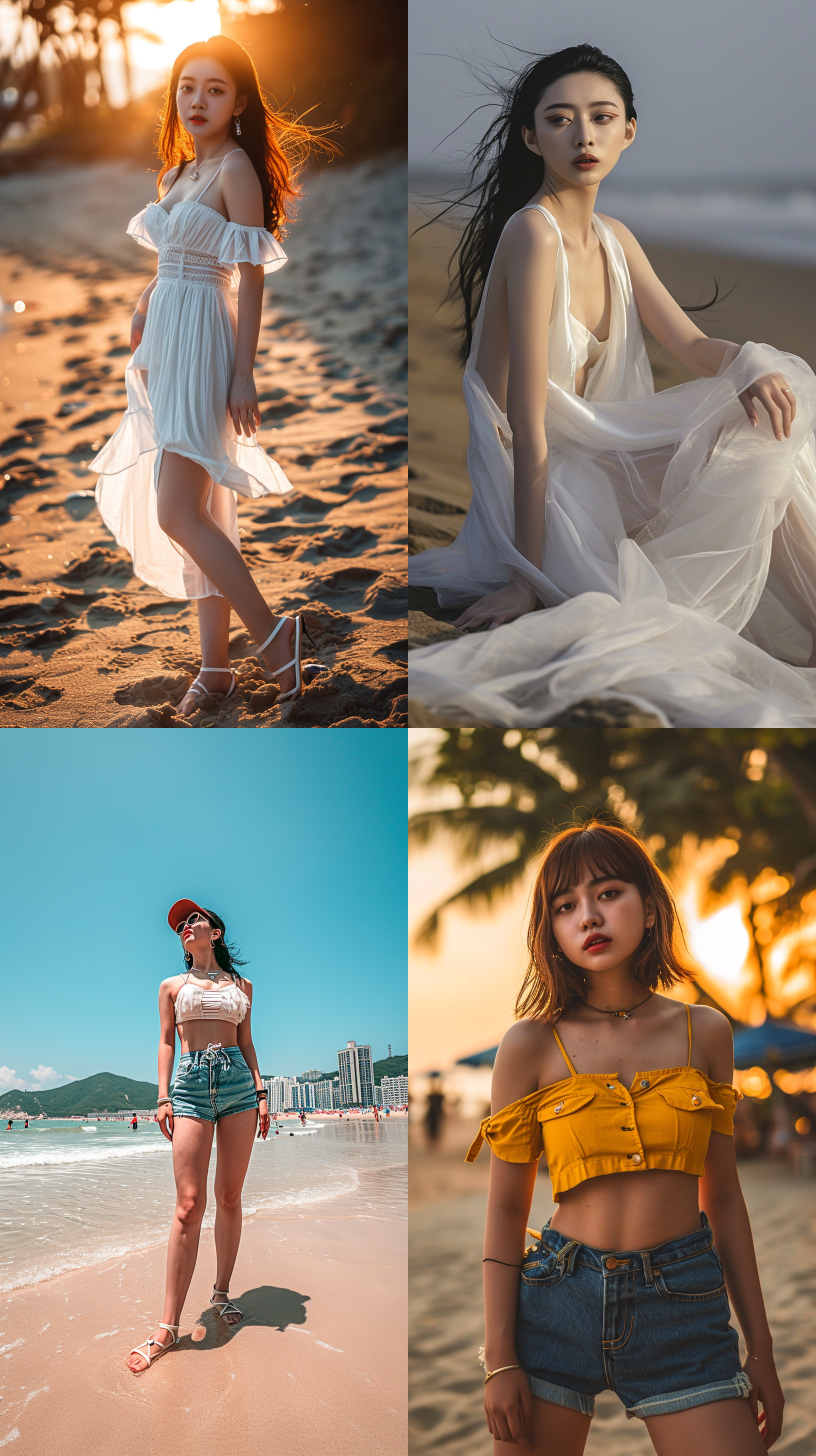 8k画质，中国绝世美女,全身照，五官端正，长腿少女，阳光，身材苗条，沙滩，高跟鞋