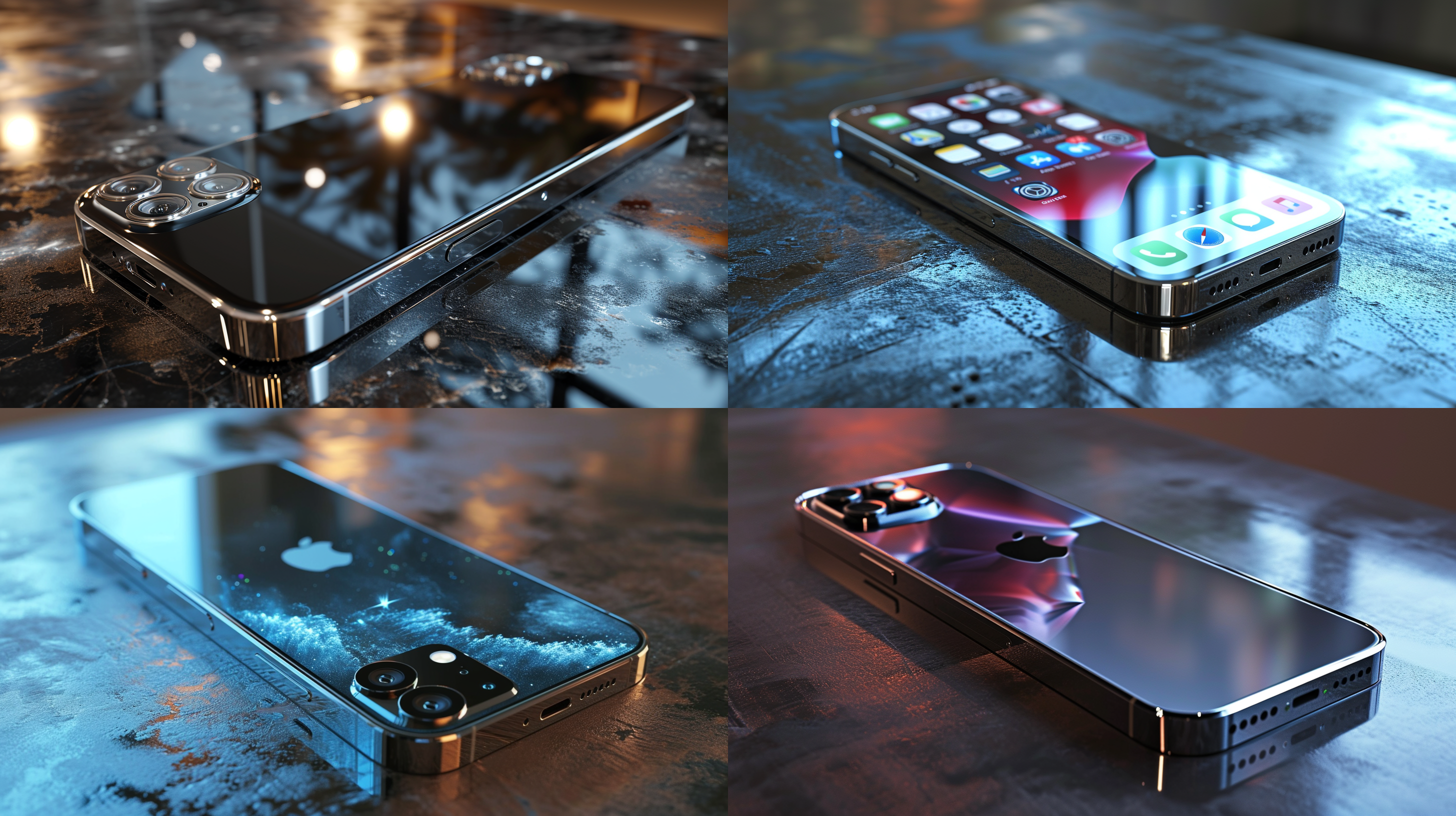 未来苹果30的手机，全屏设计，玻璃和金属材质，超薄边框，屏下指纹识别，四摄像头，无线充电，ai芯片，全息投影，夜间模式，闪亮的银色外观，科技感十足，现代化。