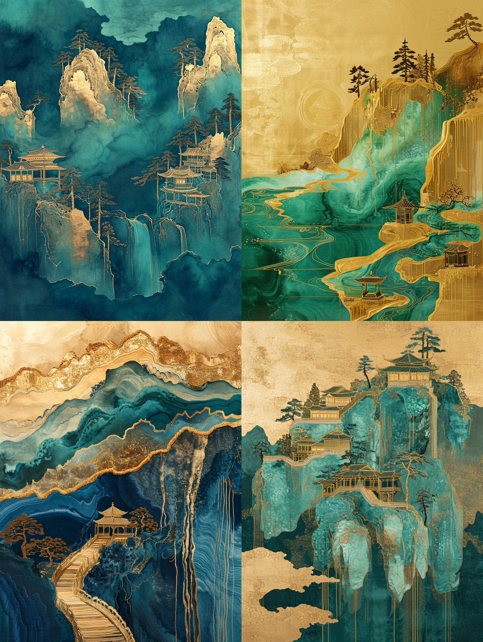 chinese embroidery craft of a golden-blue-green mountain with pavilions and trees, gilding, flowing liquid gold, minimalist color field, freehand brushwork, blank-leaving, organic form, simple background