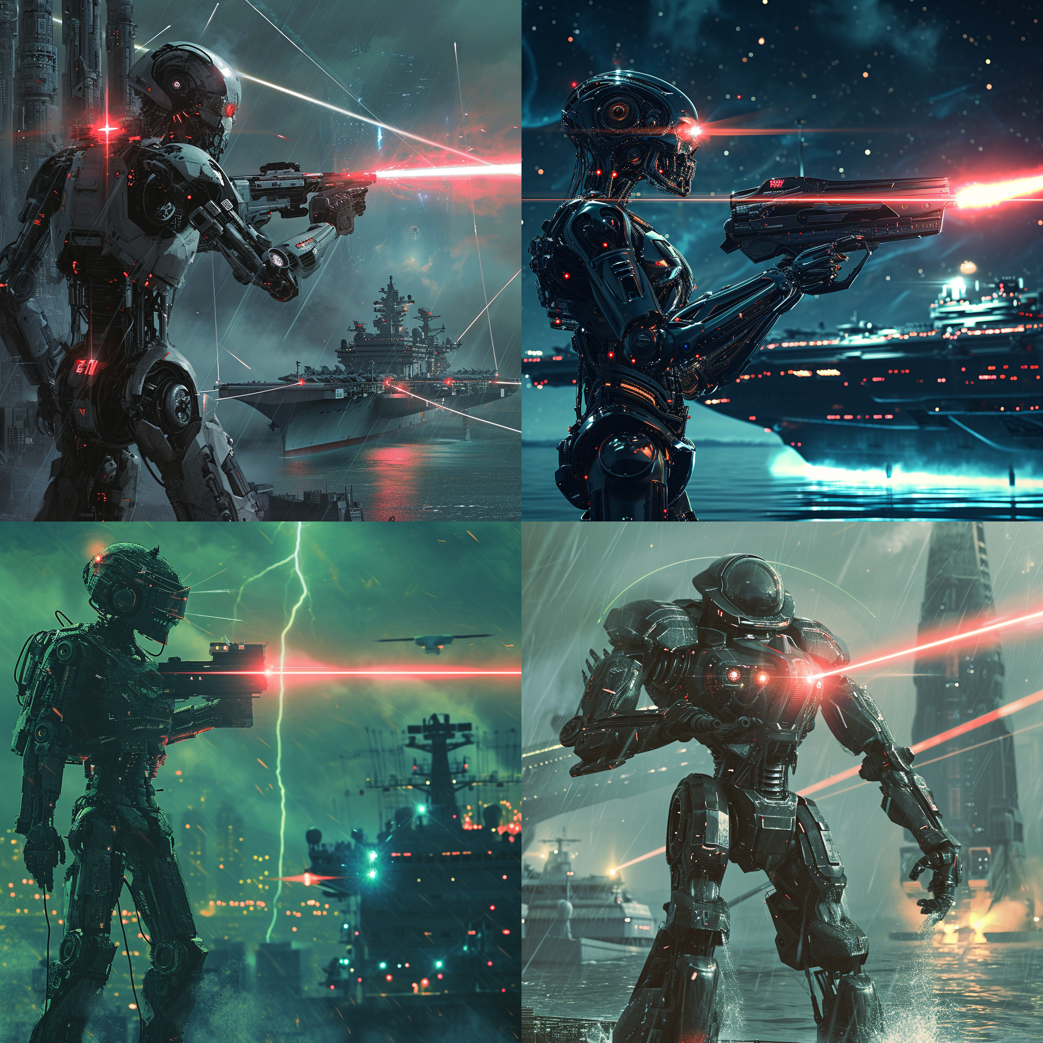 robot, holding a laser cannon in hand, shooting lasers, opposite the battleship, sci-fi cool background, movie texture