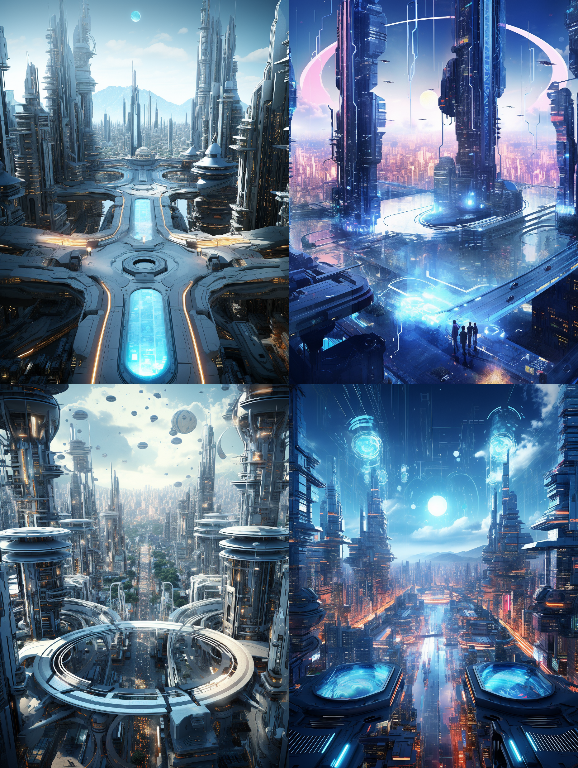 科技城市，未来概念图，俯视图，科技感，冷色调，赛博朋克，透视，大气