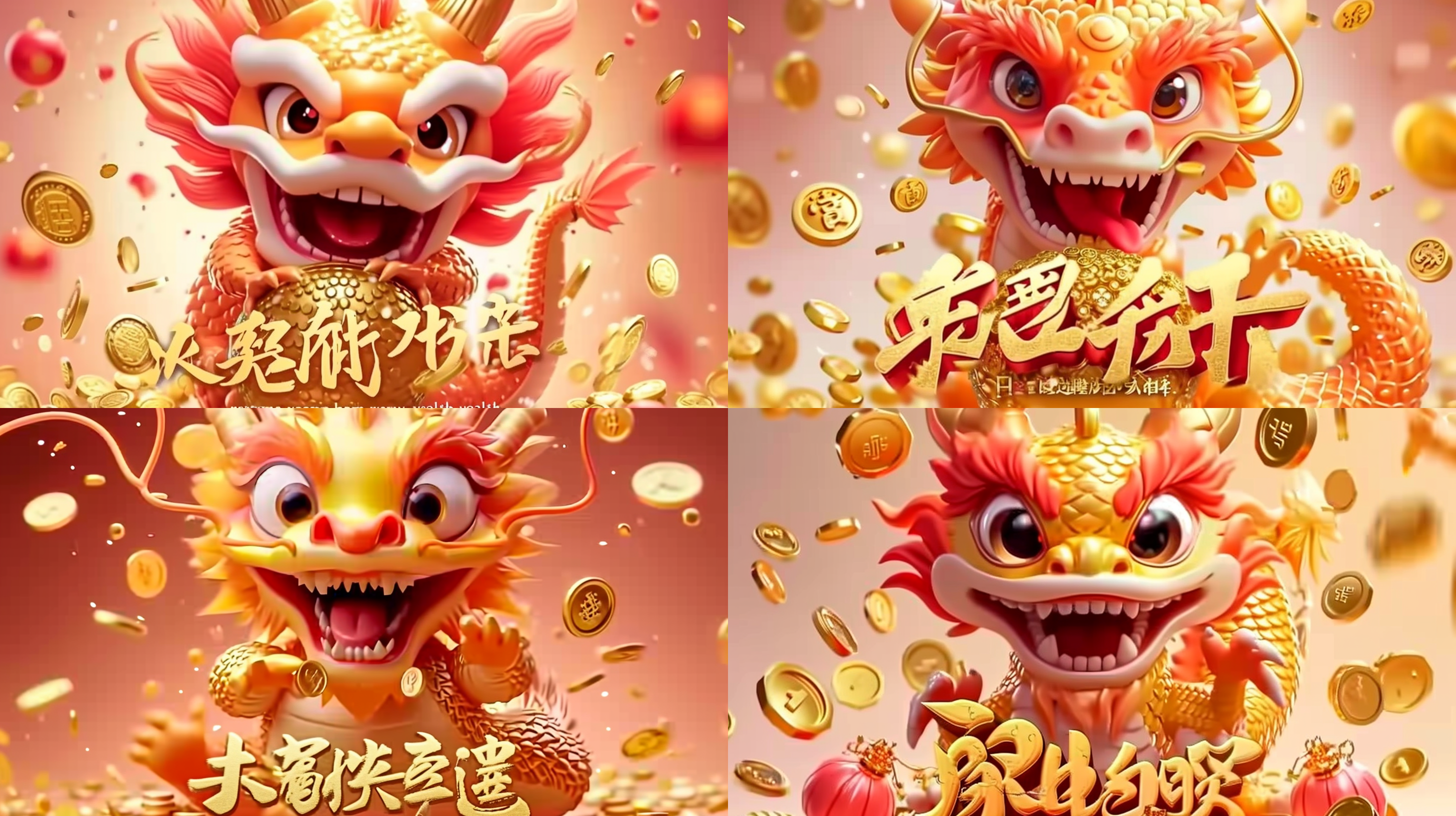 the chinese zodiac sign, dragon, is a cartoon character with large and expressive eyes, sharp horns, and teeth. it looks very happy and reveals a smile. its body is covered with scales, and its tail is coiled in a circle, throwing a large amount of gold coins. a clean background with scattered gold coins around. there is a chinese character called "dragon year wealth", which means "people born in the year of the dragon will become very wealthy in the new year.". studio lighting, bubble mat style, front view,