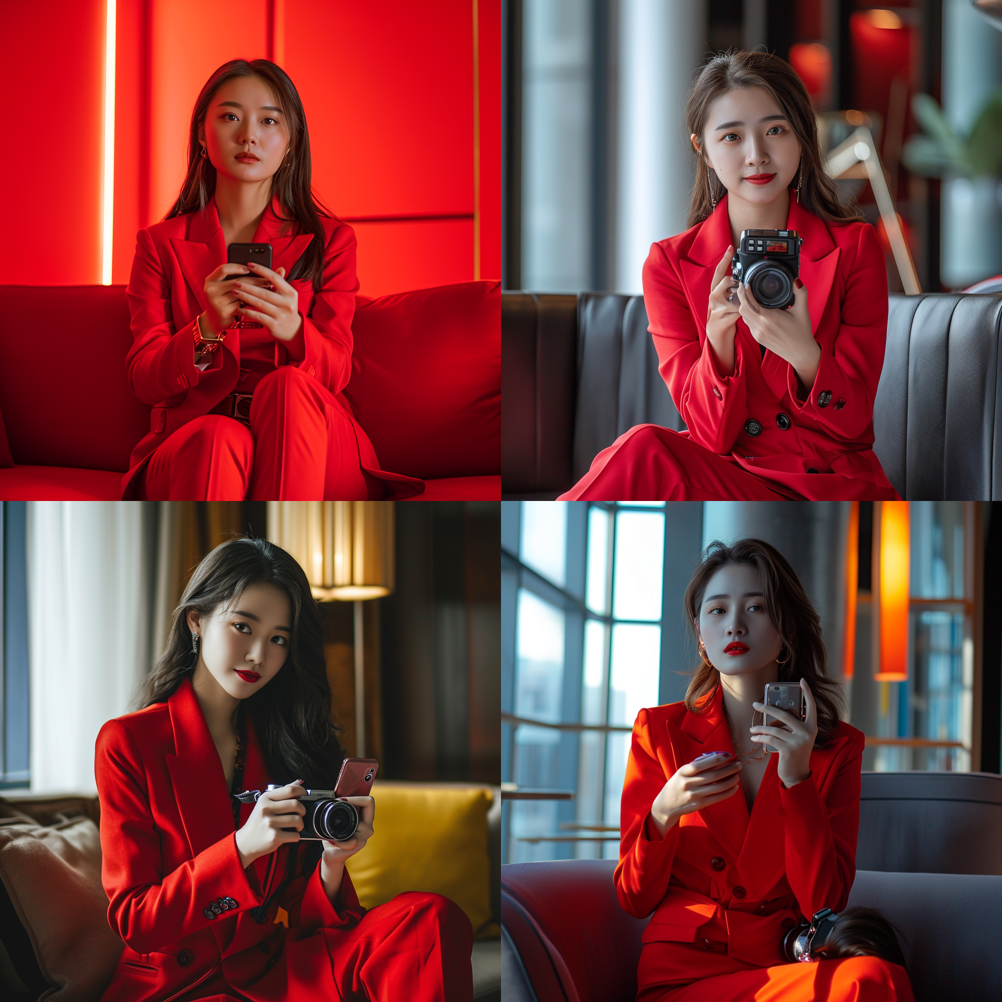 中国女孩穿红色商务西装，坐办公室沙发上，手机拿相机，半身，4k高清人像，电影灯营造氛围，华丽主调，对角线构图，现代风格，广角镜头，专业姿态，自信微笑，光影交错，红色强调，职业力量。
