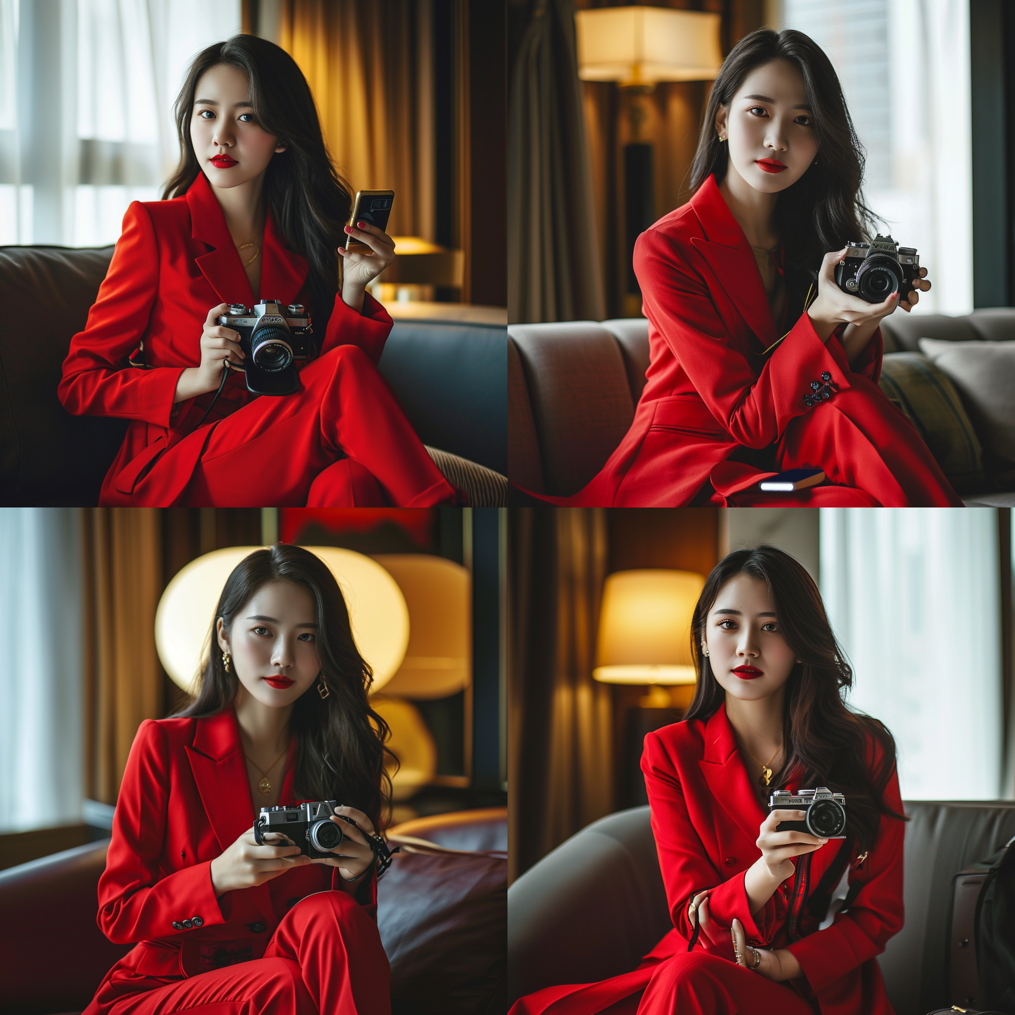 中国女孩穿红色商务西装，坐办公室沙发上，手机拿相机，半身，4k高清人像，电影灯营造氛围，华丽主调，对角线构图，现代风格，广角镜头，专业姿态，自信微笑，光影交错，红色强调，职业力量。