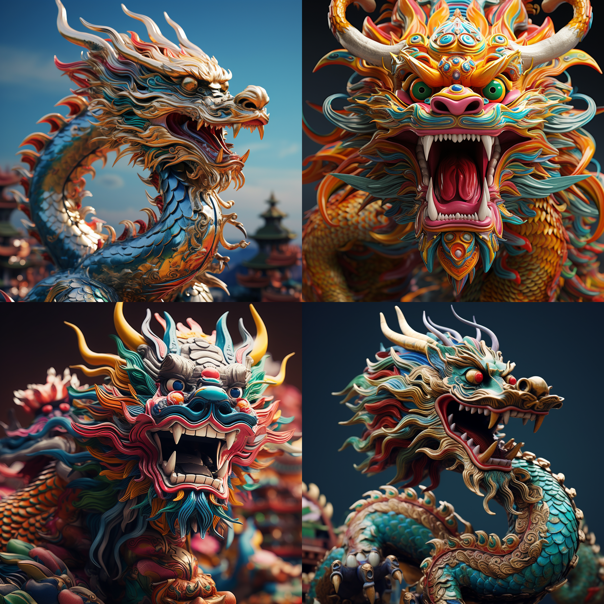 中国龙，微笑，时尚，细节丰富，流畅线条，鲜艳色彩，活力，徕卡高端相机专业摄影，广角镜头，全景，中国元素，中国风，喜庆，鲜明色彩，全身像镜头，多细节，3d渲染，超写实，现实风格，8k超高清画质.