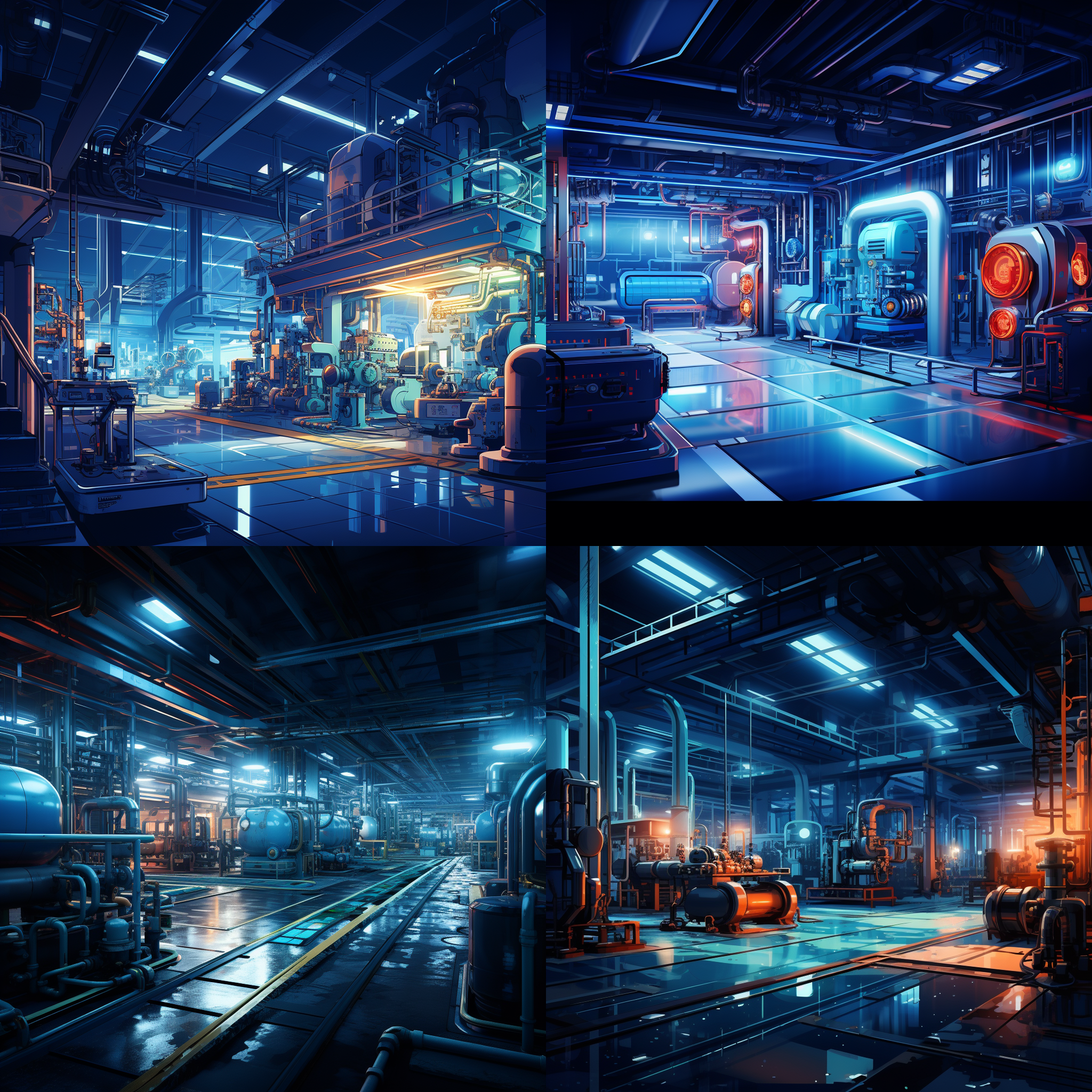 高饱和度，宽广的视角，工厂环境，蓝色调，宽幅镜头，均匀光线，精密操作，机械元素，冷色调，专注，高效。