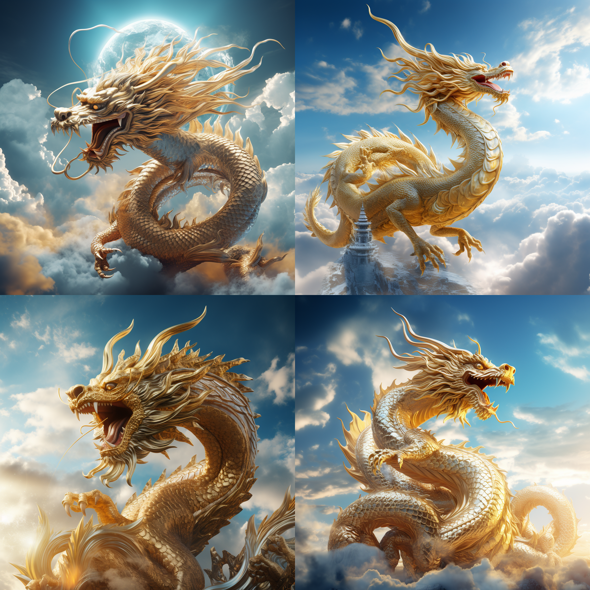 中国龙，金色传说，旋于蔚蓝天空，五爪前伸展，腾云驾雾，3d效果定格动作，金色背景，透视画面，细节清晰，明亮照明，自信。