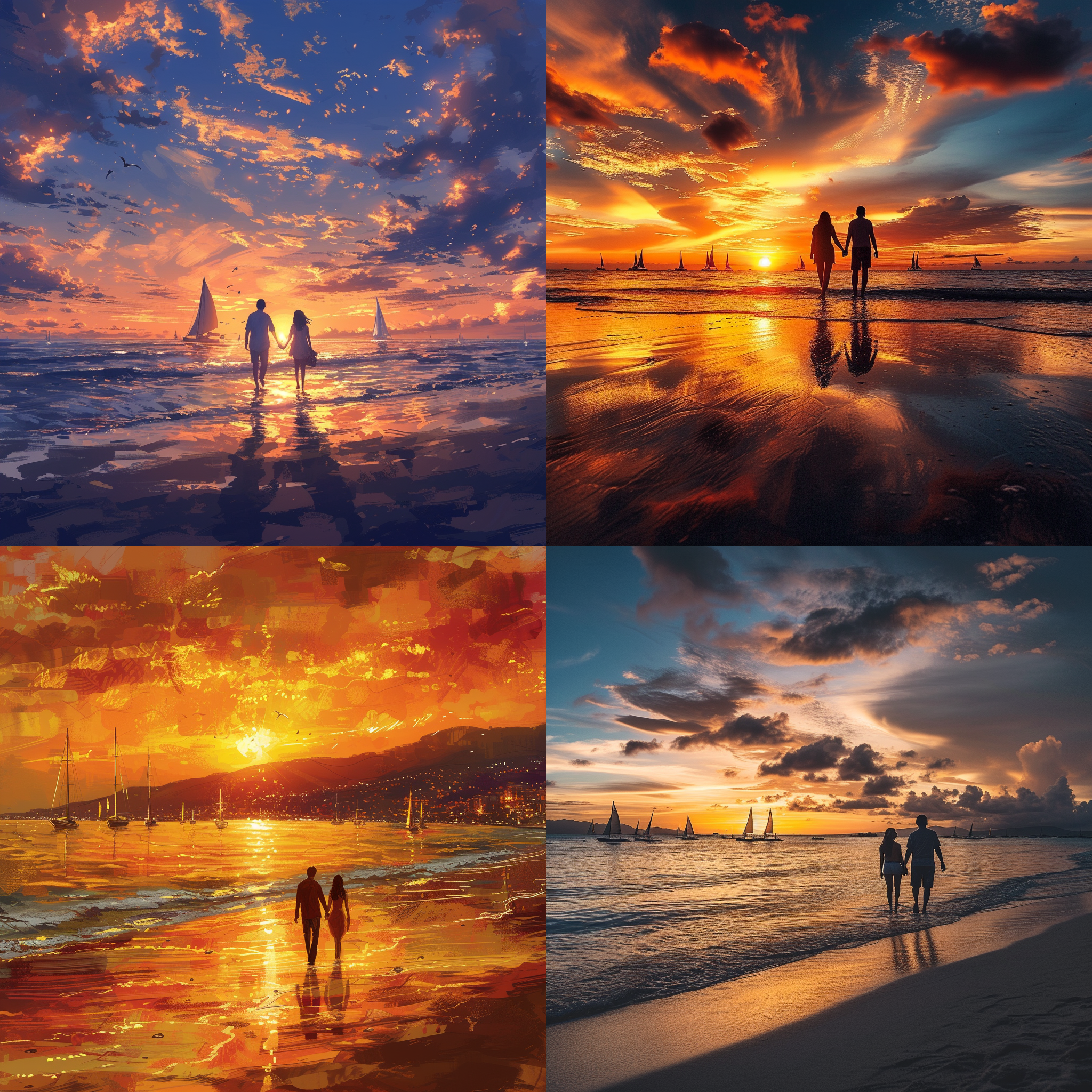 海边的城市，夕阳西下的壮丽景色。一对情侣手牵手漫步在沙滩上，远处有帆船在海上翱翔。图像以大角度镜头拍摄，充满活力与浪漫，明亮的色彩和柔和的光线营造出温暖的氛围。