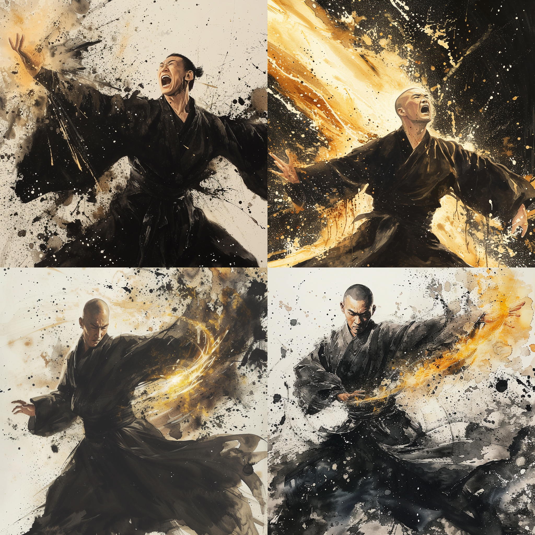 中国水墨画，叶瑞坤，艺术性水墨画，中国功夫僧侣，中国武侠电影，身穿黑袍，战斗姿势，远焦镜头，手掌中有一束金光，张口呐喊，身体散发生物光，创造了宏大的电影感，溅射细节，野性而强大。