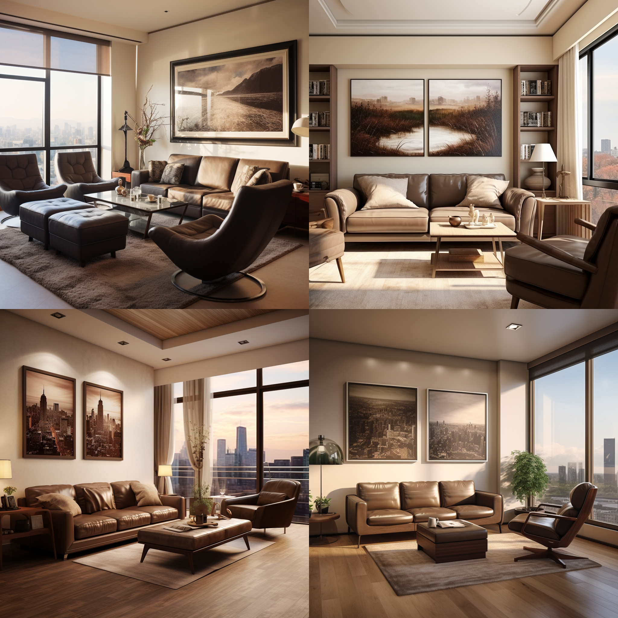 米色墙面，深褐色的仿皮质的单人沙发椅，木制置物柜，白色框落地窗，大幅挂画，小圆桌，柔和的光线，写实，静态，细节丰富，舒适，no沙发