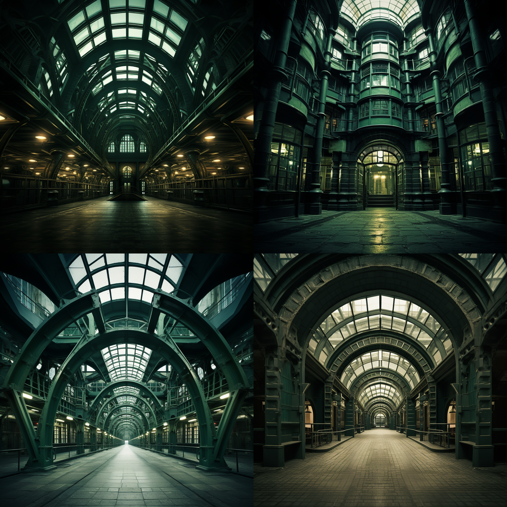 prompt. 德国风格建筑，工业风格，高分辨率，墨绿色调，鱼眼镜头，对称构图，阴影，细节丰富，冷色调，沉稳。