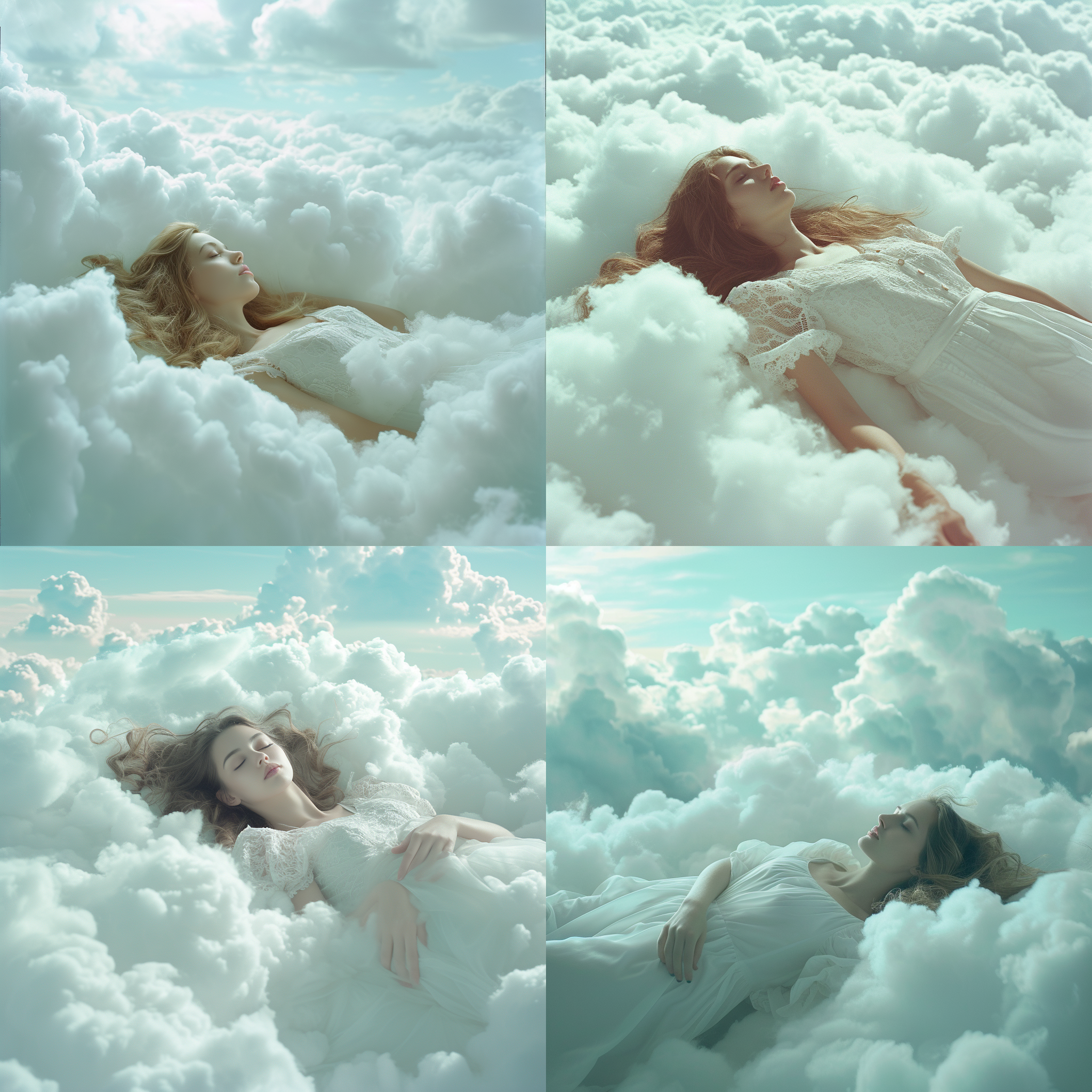 女人躺在柔软的云朵上，她的身体轻盈而优雅。她披着一件白色的连衣裙，长发散落在云朵上。天空是淡蓝色的，云朵白如棉花糖。镜头透过云朵把女人的侧脸拍摄了下来，她的眼睛闭着，脸上带着宁静的微笑。温柔，梦幻，自由，放松，轻盈，安宁。