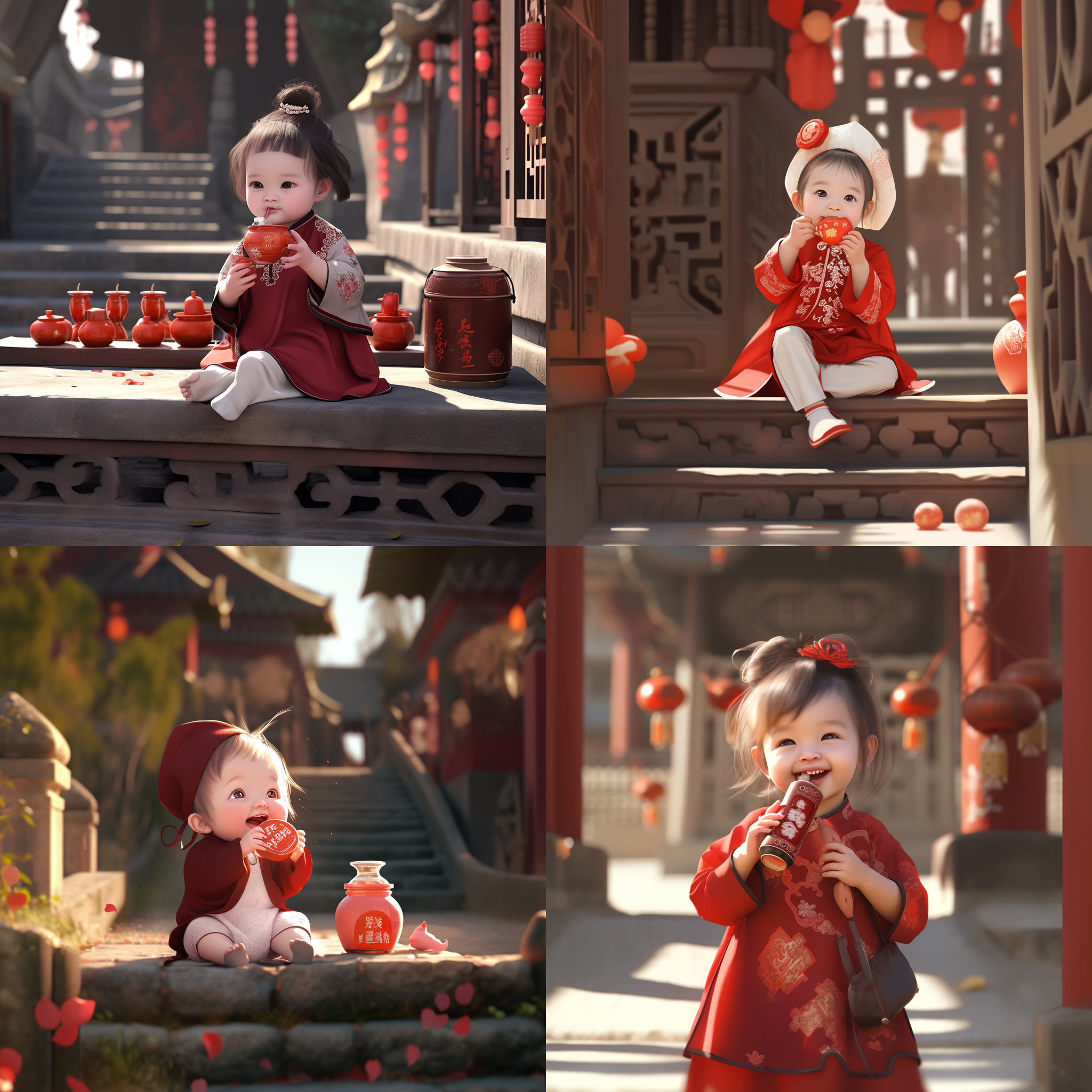 一个三岁小女孩，微笑，奶瓶，宝子，馒头，野果，中国古代红色旗袍，长袖，全身镜头，背景是古代道馆，明亮的画面，广角， 中国古代人物造型， 8k，高清 