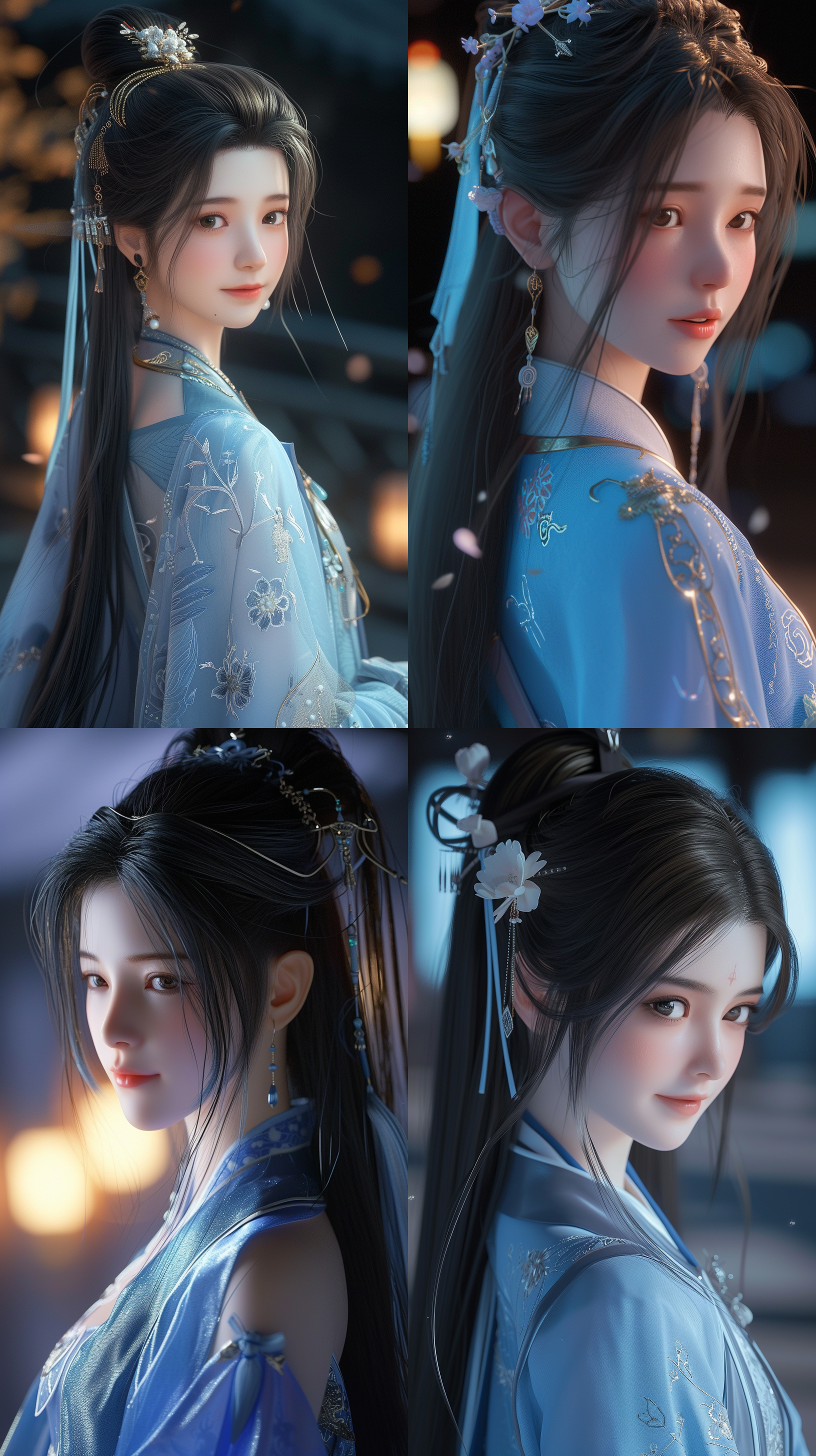 回头看镜头的中国十六岁美女，四分之三视角，面向镜头，侧视图，特写镜头，微笑，黑色长发，蓝色汉服，唐装，背景虚化，夜景光，顶光，侧光，3d，中国风插画，c4d，oc渲染，未来主义风格，ar9:16，niji5。