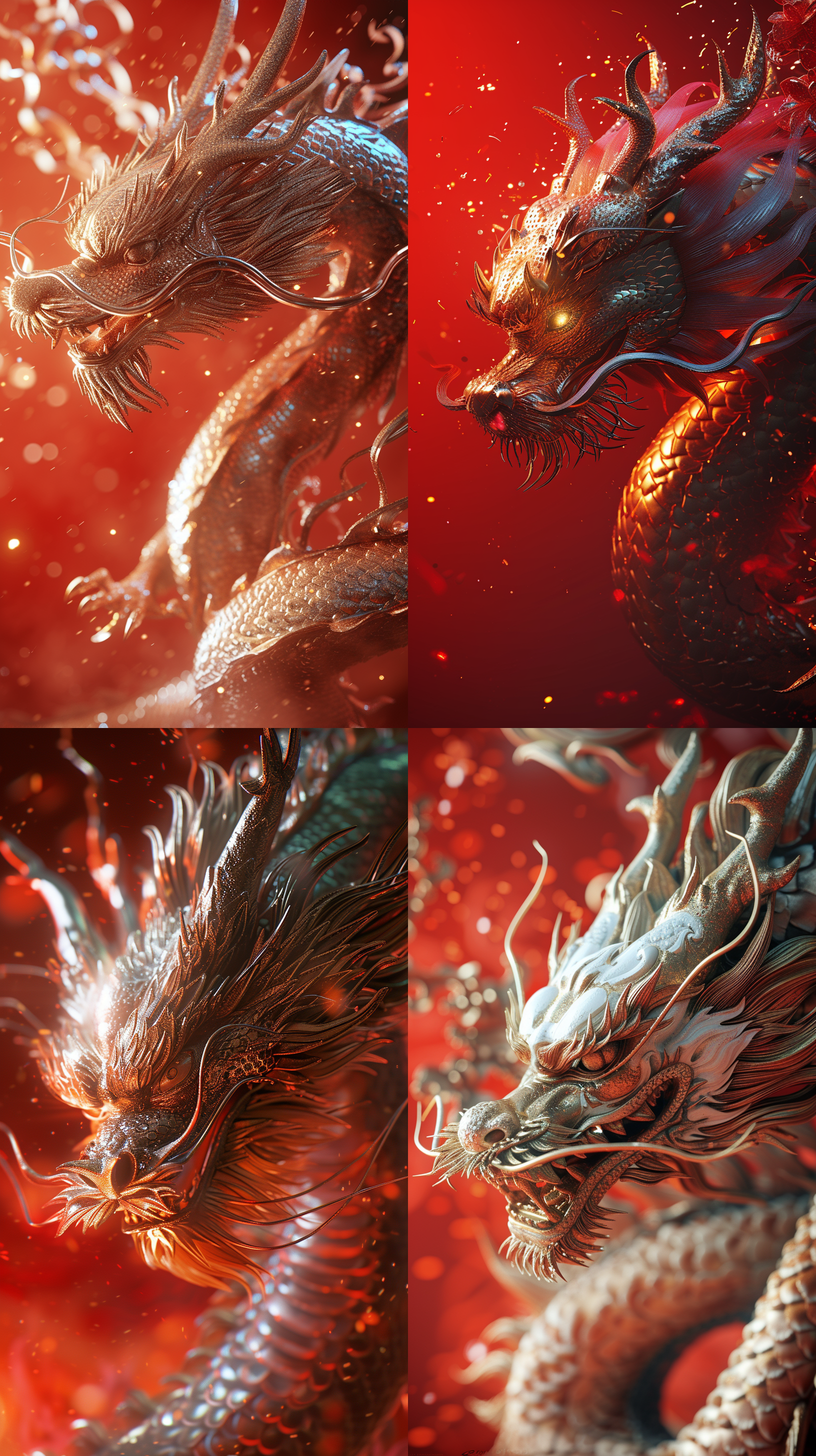 prompt. 新年龙壁纸，立体浮雕，威武霸气，3d渲染，细节惟妙惟肖，红色背景，俯瞰角度，闪耀光芒，8k画质，搅拌机材质，树脂材质，uhd莱卡镜头，神话生物，新年插画。