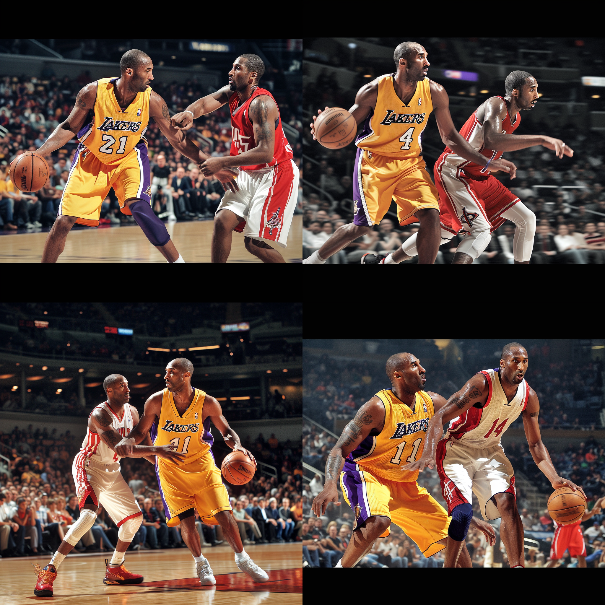 prompt. 科比对阵麦迪，篮球场上，紧张气氛，高角度视角，动作凌厉，低饱和度，长焦镜头，对抗，竞争，激烈。