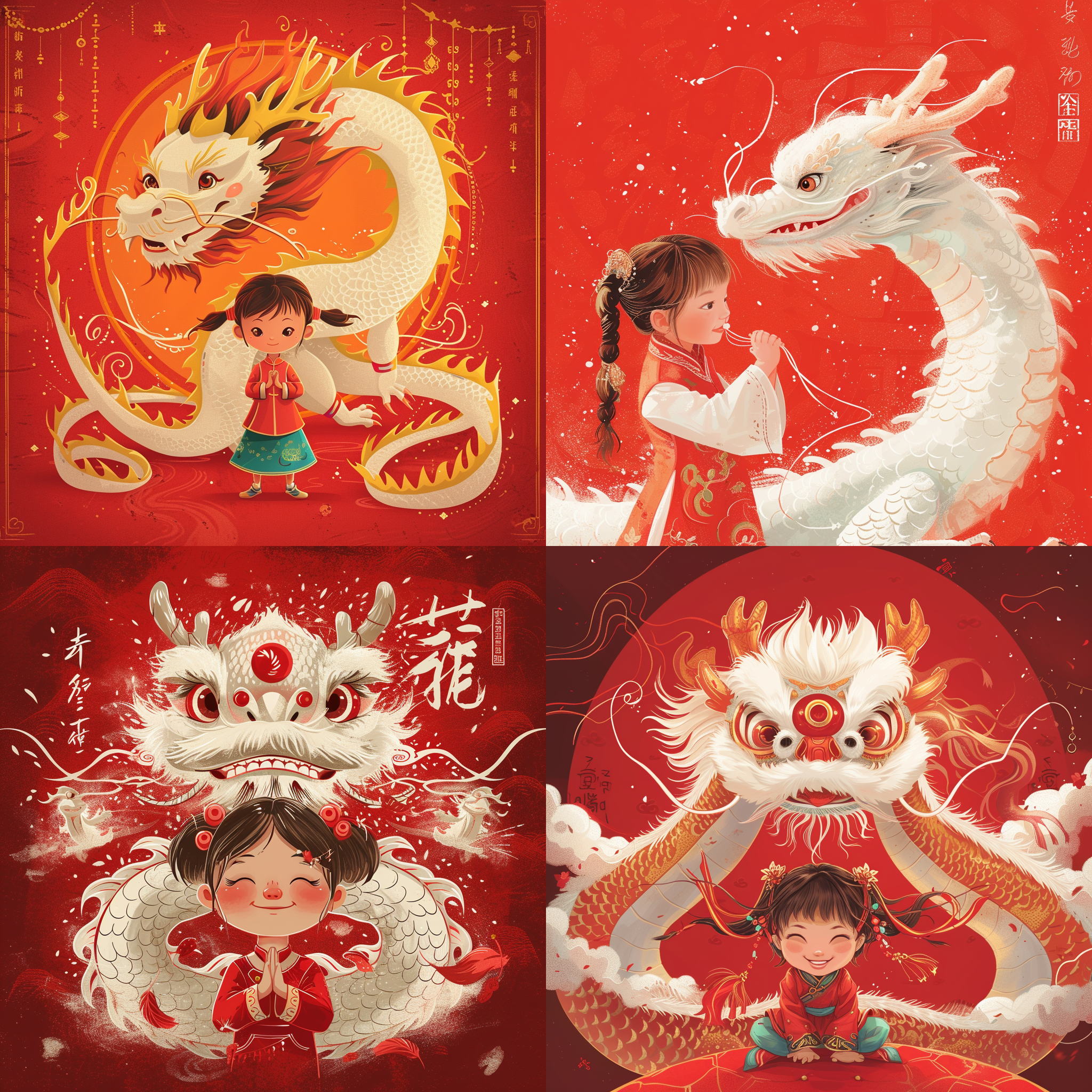 prompt. 白色中国龙, 小女孩, 红色背景, 霸气威武, 中国拜年元素, 龙年海报, 文字, 光影, 暖色调, 祝福, 喜庆。