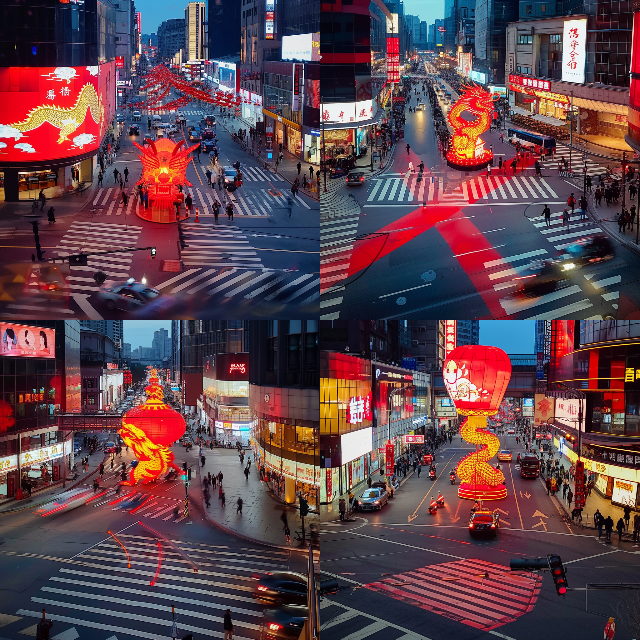 prompt. 巨大龙形灯笼，红白斑马线，繁忙街道，车水马龙，城市风光，夜晚，长焦镜头，逆光，行人，车辆，喜庆氛围，动感。