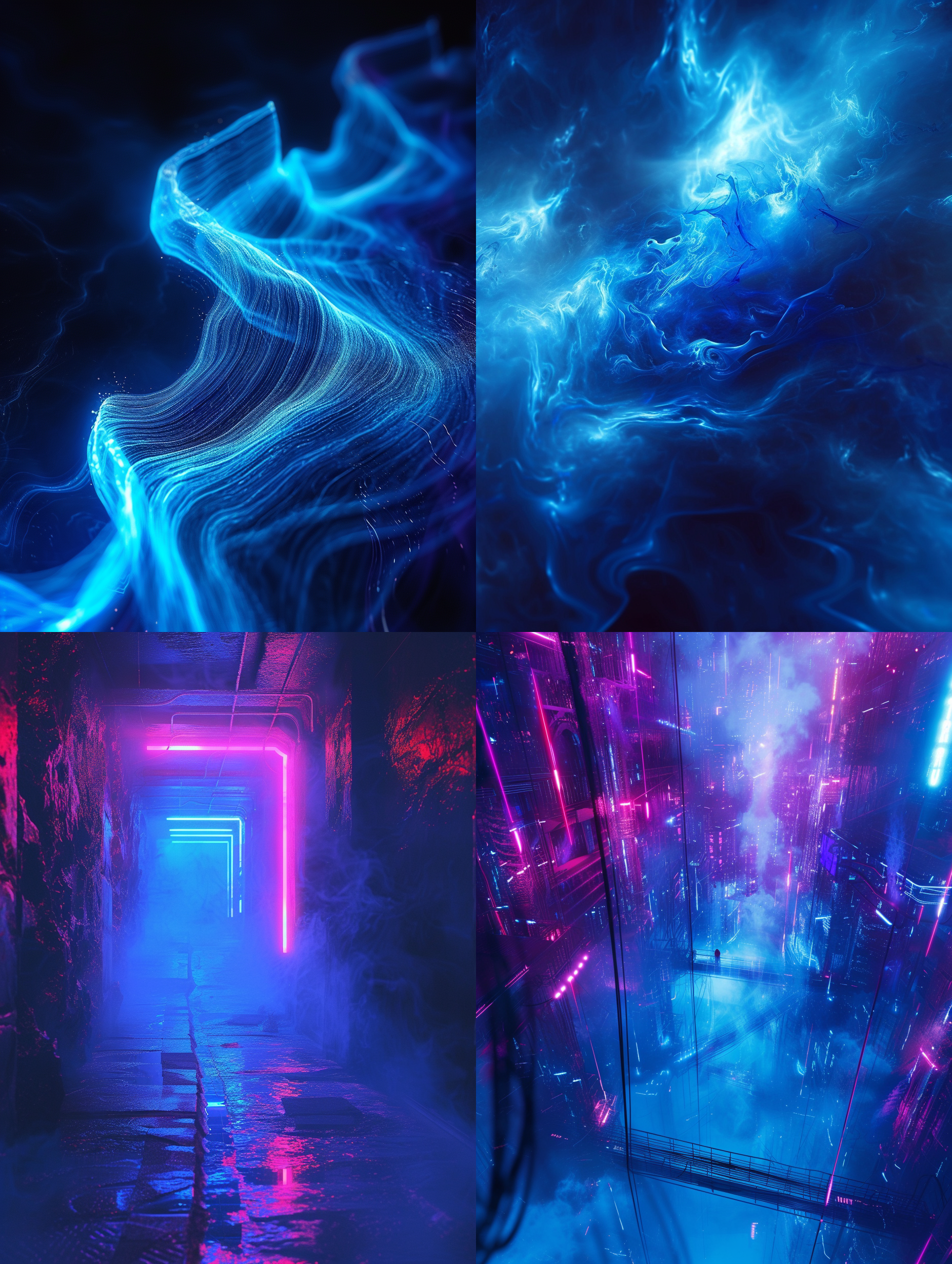 动态流动，霓虹光，蓝色主调，朦胧氛围，未来感，神秘。