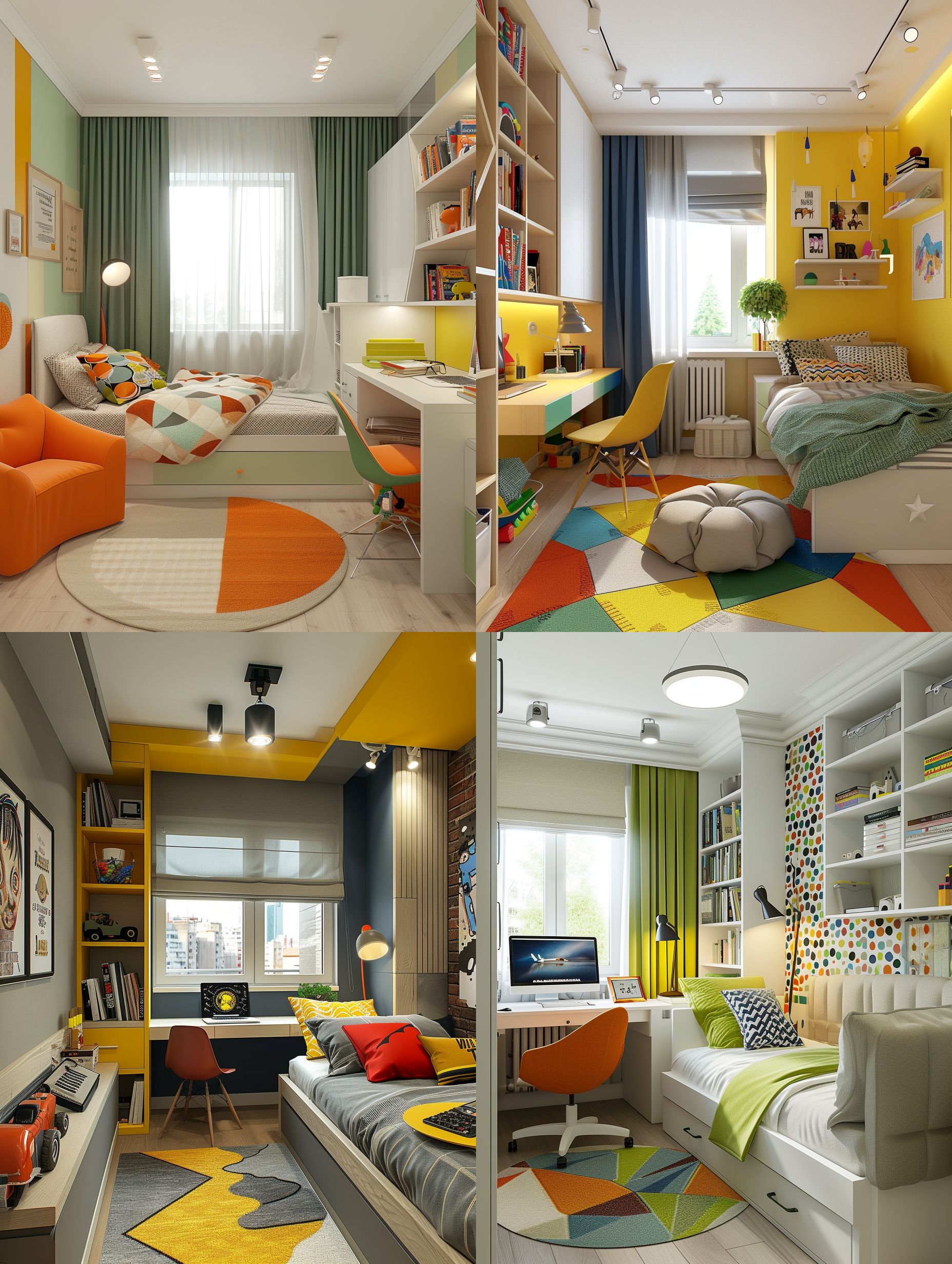 动感儿童房室内设计，明亮色姆，配有写字台、床、书架、台灯